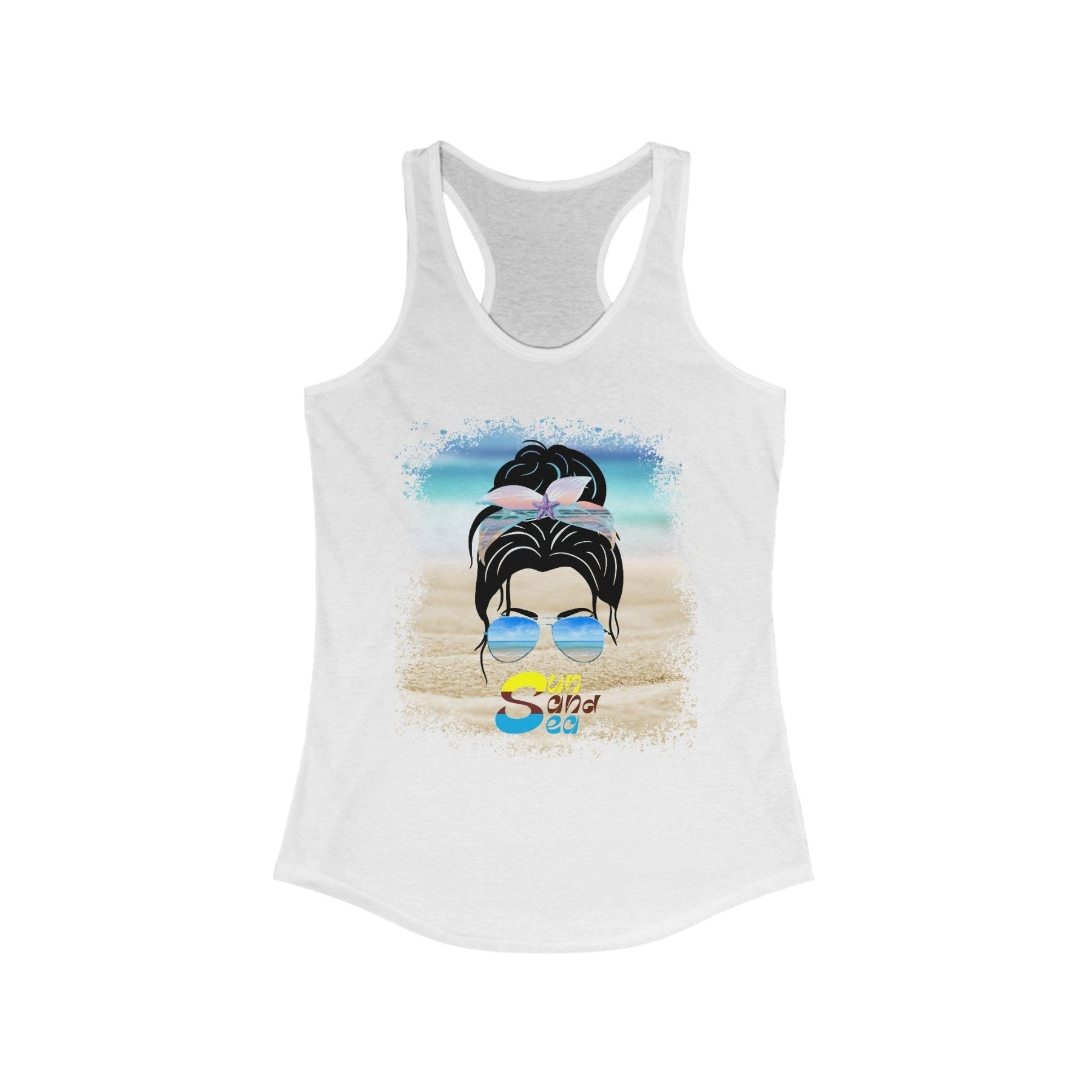 Sun Sand Sea, Black Hair Messy Bun, Women's Ideal Racerback Tank - Janlyn's Crafts