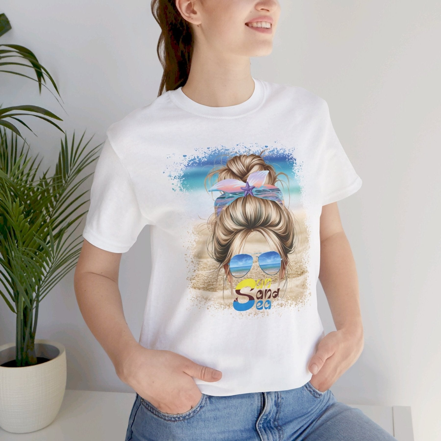 Sun Sand Sea, Blond Hair Messy Bun, Unisex Jersey Short Sleeve Tee - Janlyn's Crafts