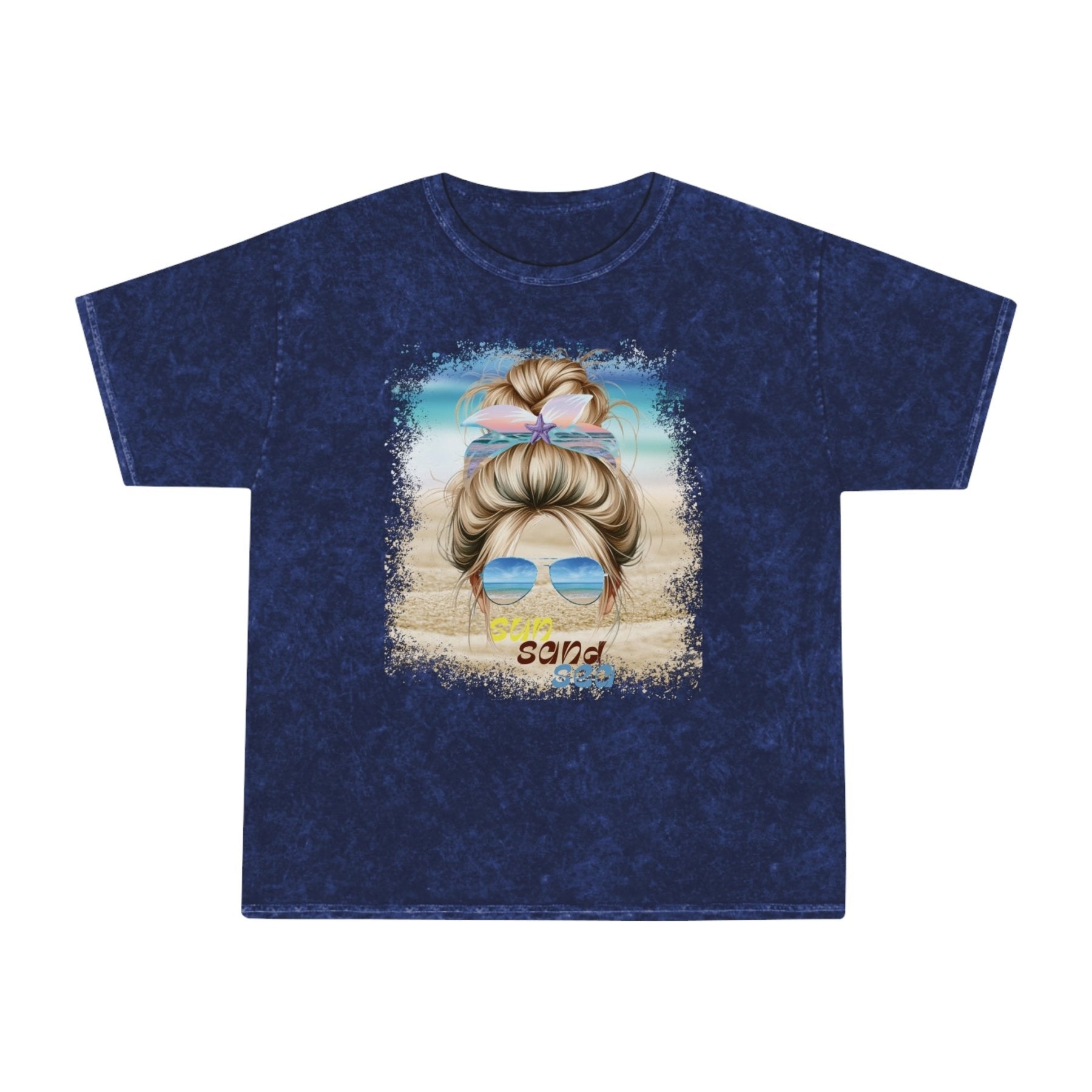 sun sand sea, Blond Hair Messy Bun, Unisex Mineral Wash T-Shirt - Janlyn's Crafts