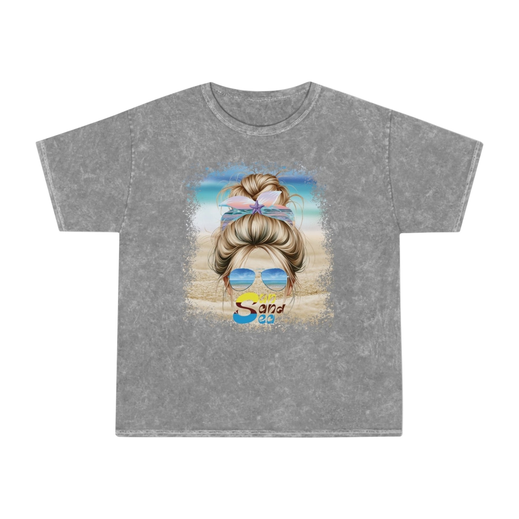 Sun Sand Sea, Blond Hair Messy Bun, Unisex Mineral Wash T-Shirt - Janlyn's Crafts