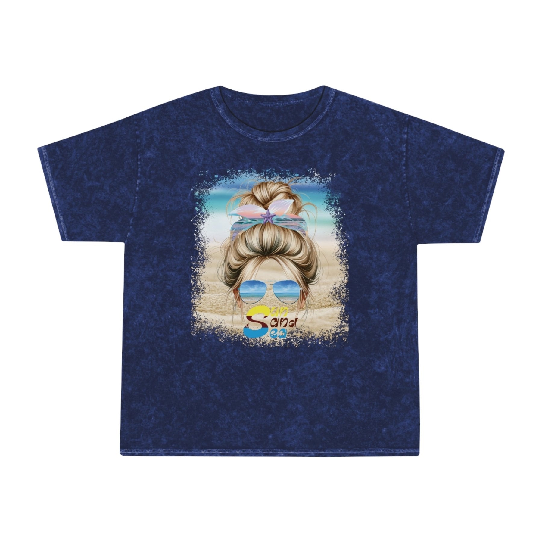 Sun Sand Sea, Blond Hair Messy Bun, Unisex Mineral Wash T-Shirt - Janlyn's Crafts