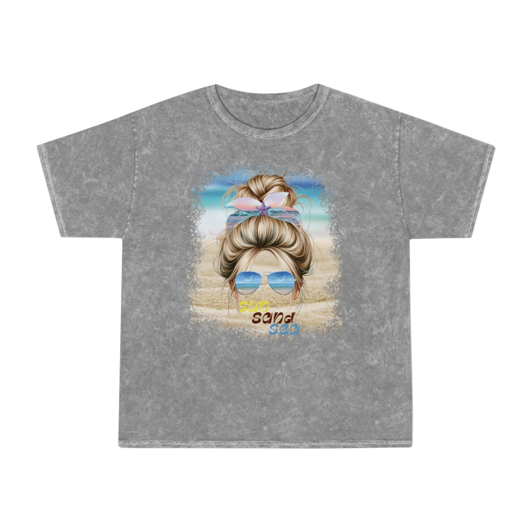 sun sand sea, Blond Hair Messy Bun, Unisex Mineral Wash T-Shirt - Janlyn's Crafts