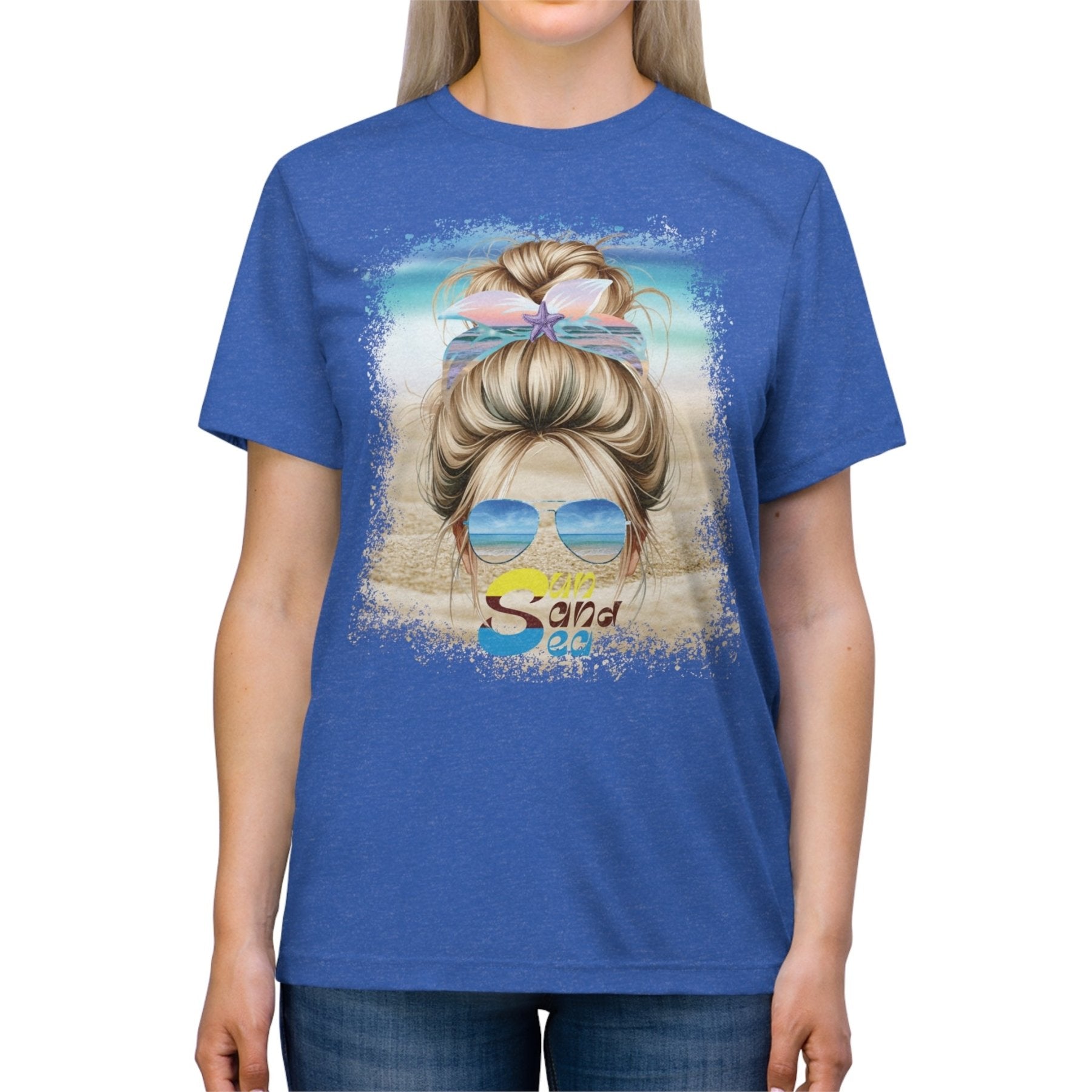 Sun Sand Sea, Blond Hair Messy Bun, Unisex Triblend T-Shirt - Janlyn's Crafts