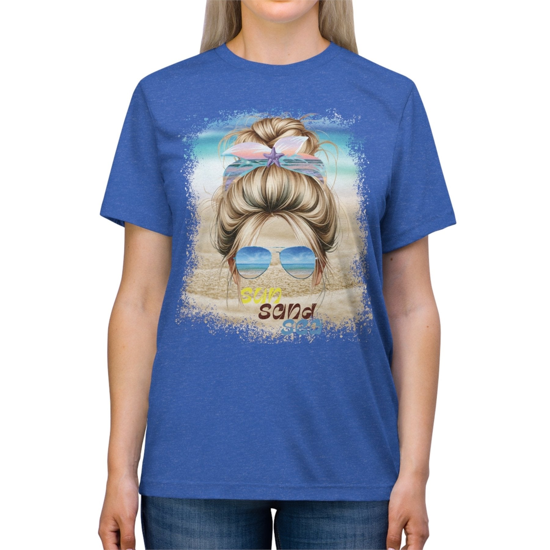 sun sand sea, Blond Hair Messy Bun, Unisex Triblend T-Shirt - Janlyn's Crafts