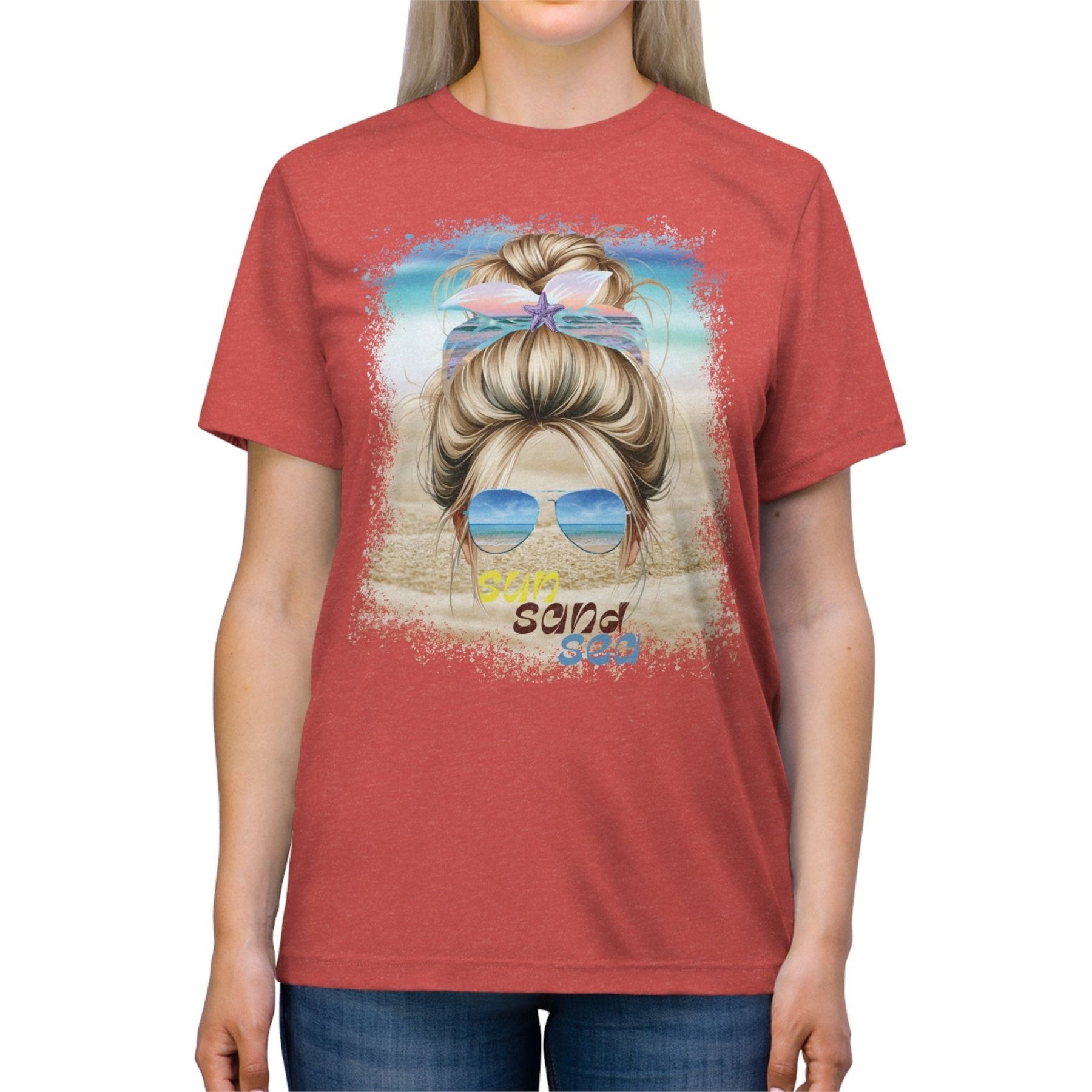 sun sand sea, Blond Hair Messy Bun, Unisex Triblend T-Shirt - Janlyn's Crafts