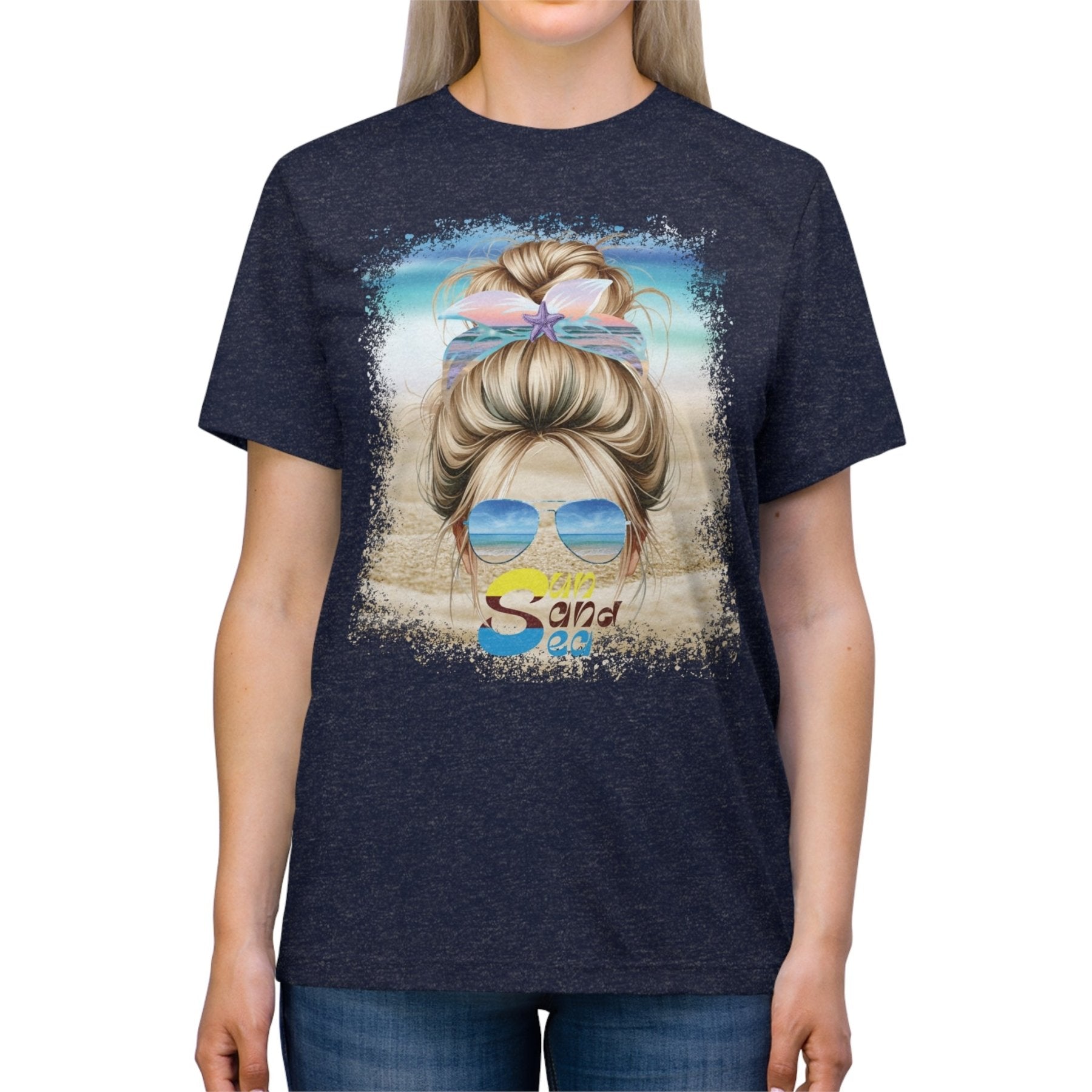 Sun Sand Sea, Blond Hair Messy Bun, Unisex Triblend T-Shirt - Janlyn's Crafts