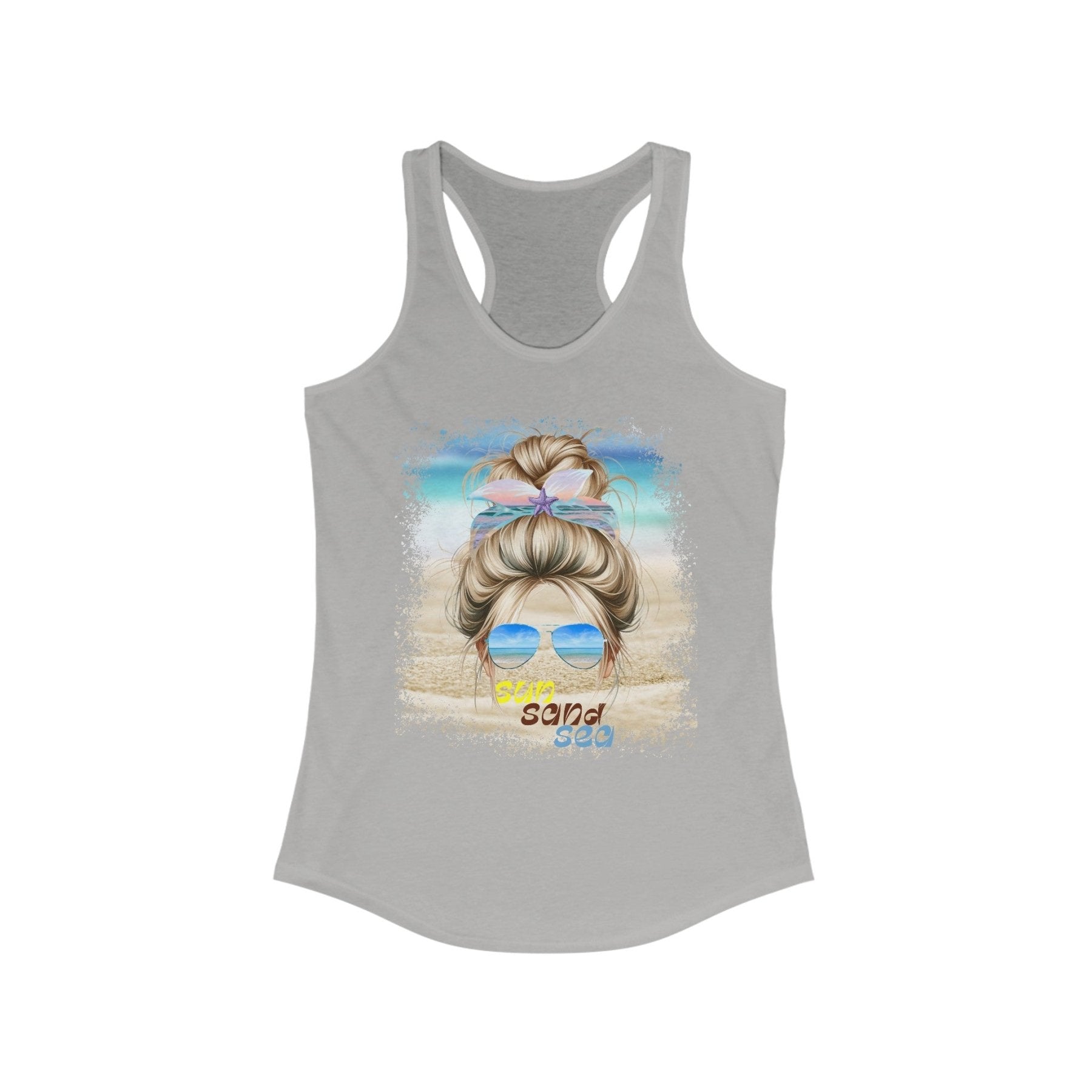 sun sand sea, Blond Hair Messy Bun, Women's Ideal Racerback Tank - Janlyn's Crafts