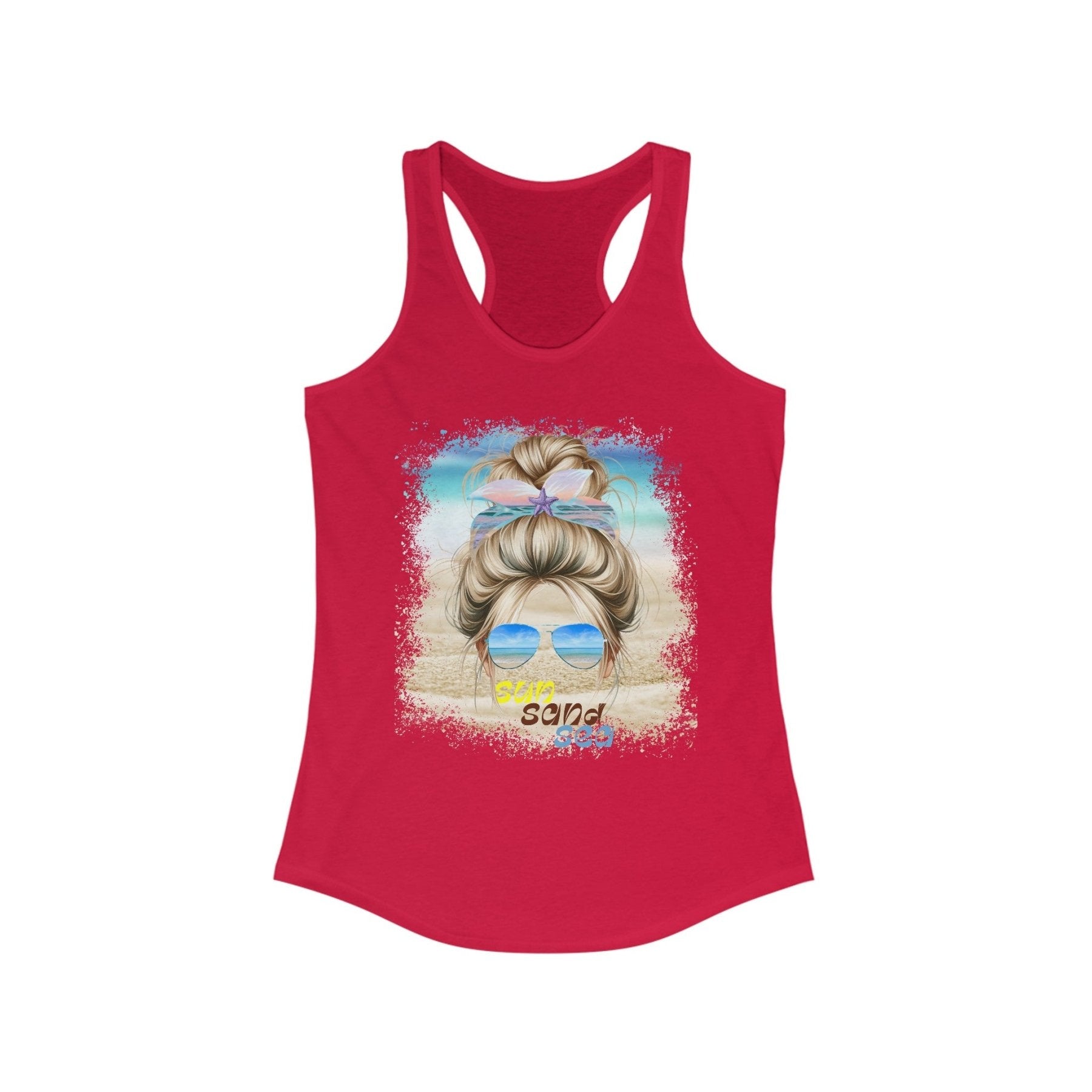 sun sand sea, Blond Hair Messy Bun, Women's Ideal Racerback Tank - Janlyn's Crafts