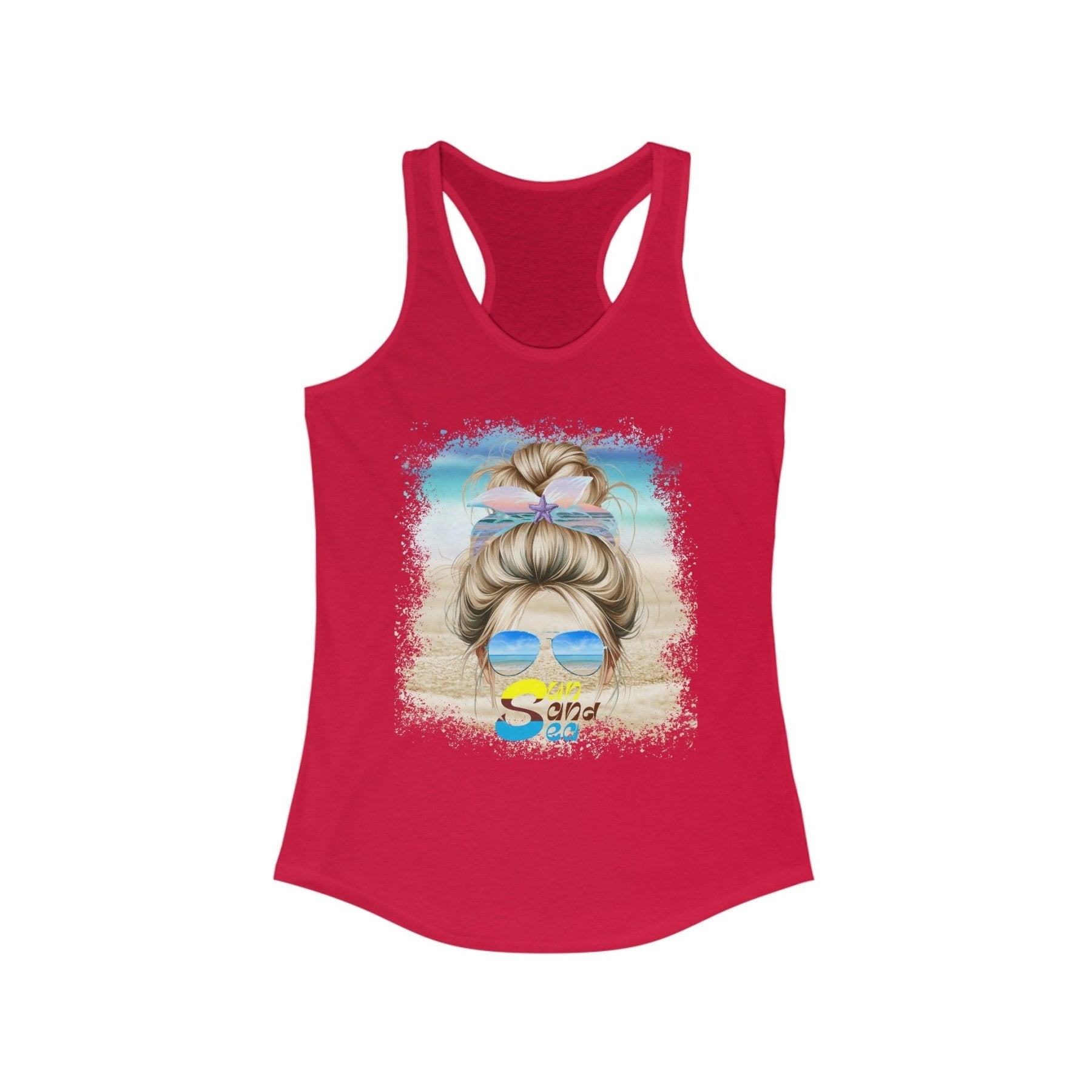 Sun Sand Sea, Blond Hair Messy Bun, Women's Ideal Racerback Tank - Janlyn's Crafts