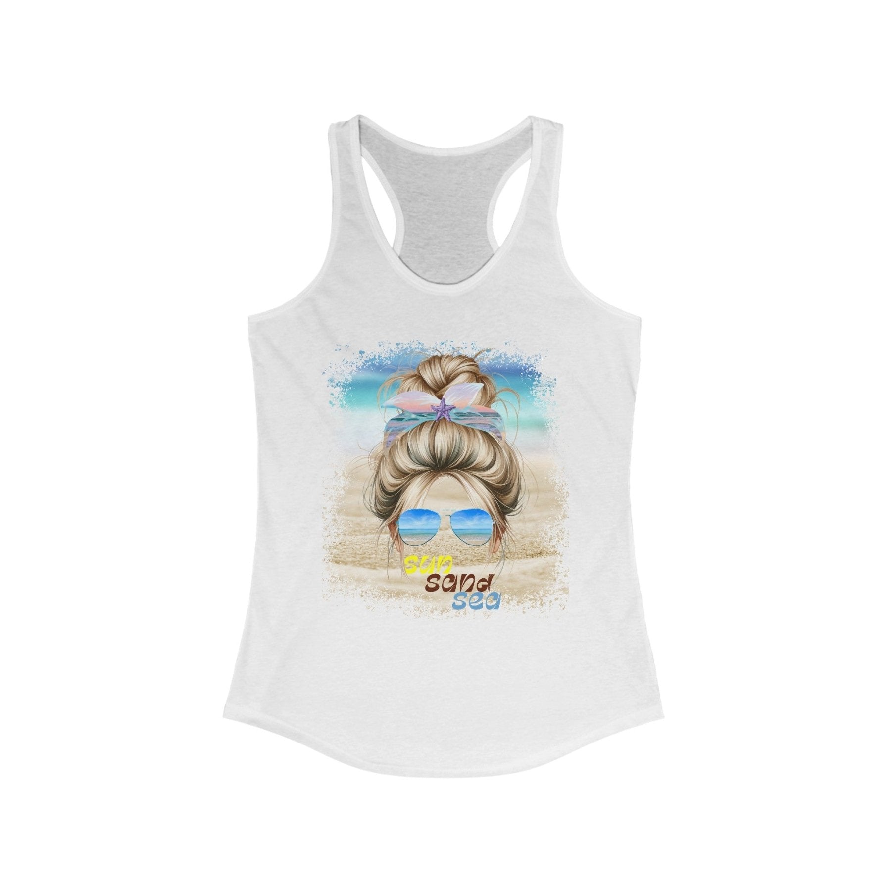 sun sand sea, Blond Hair Messy Bun, Women's Ideal Racerback Tank - Janlyn's Crafts