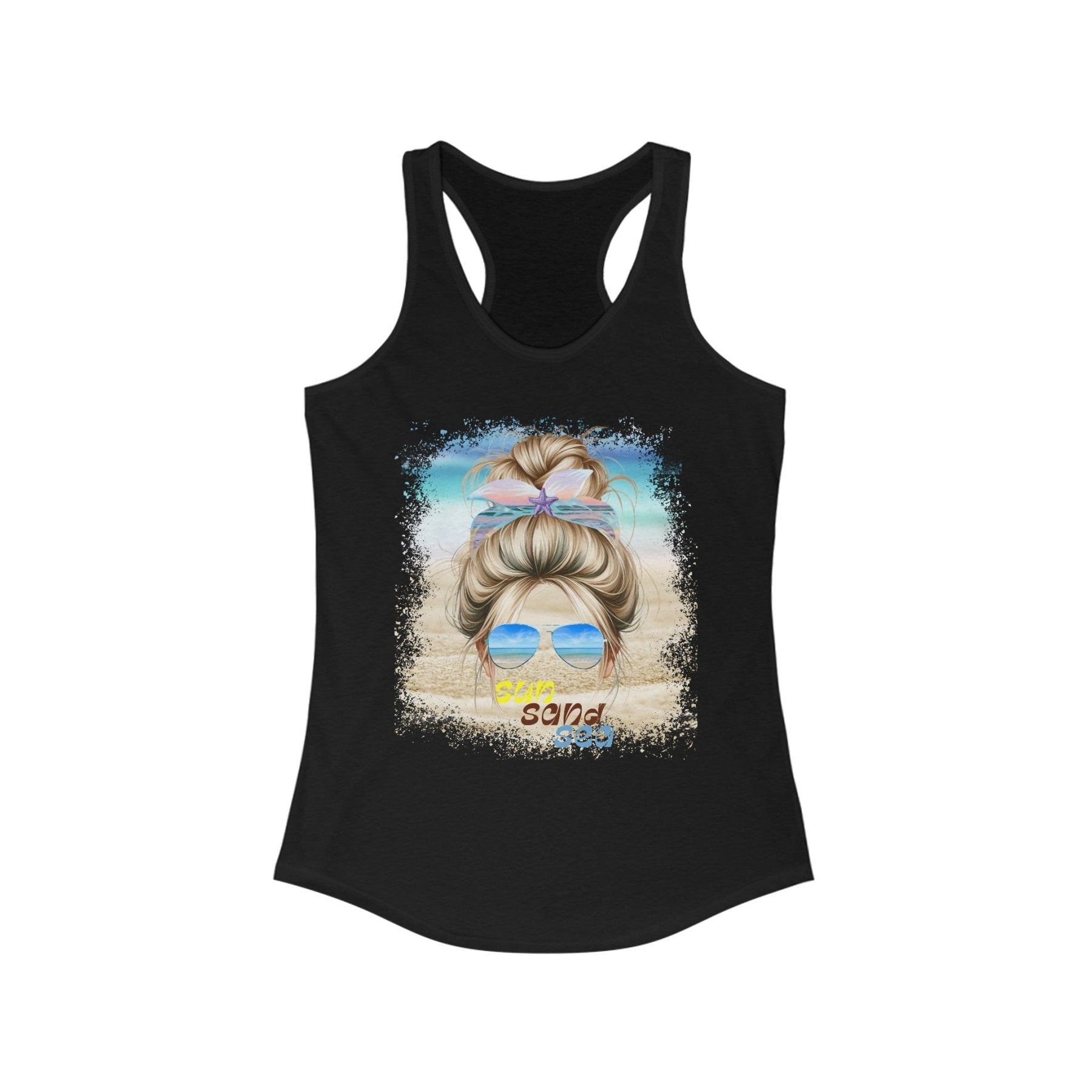 sun sand sea, Blond Hair Messy Bun, Women's Ideal Racerback Tank - Janlyn's Crafts