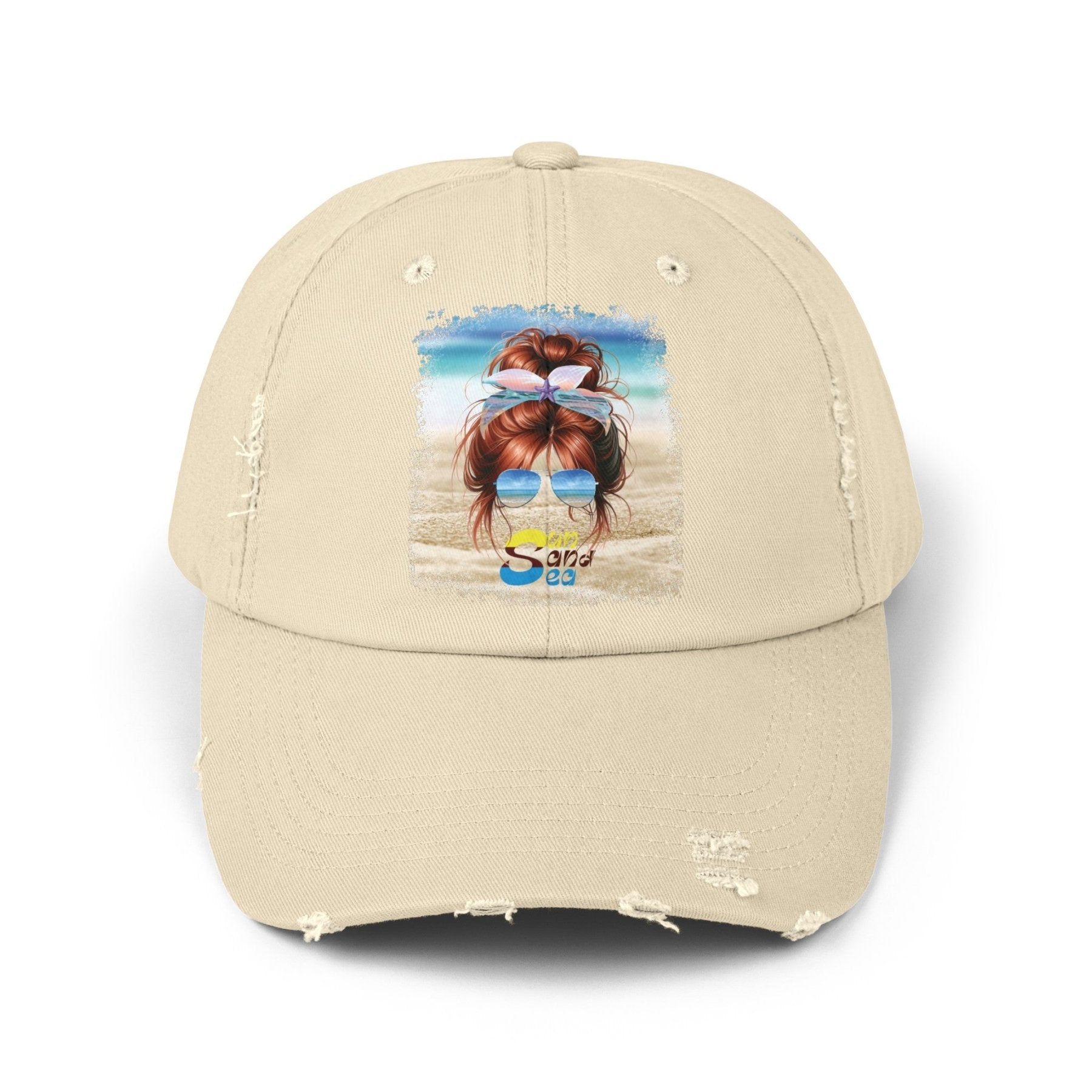 Sun Sand Sea, Red Hair Messy Bun, Unisex Distressed Cap - Janlyn's Crafts