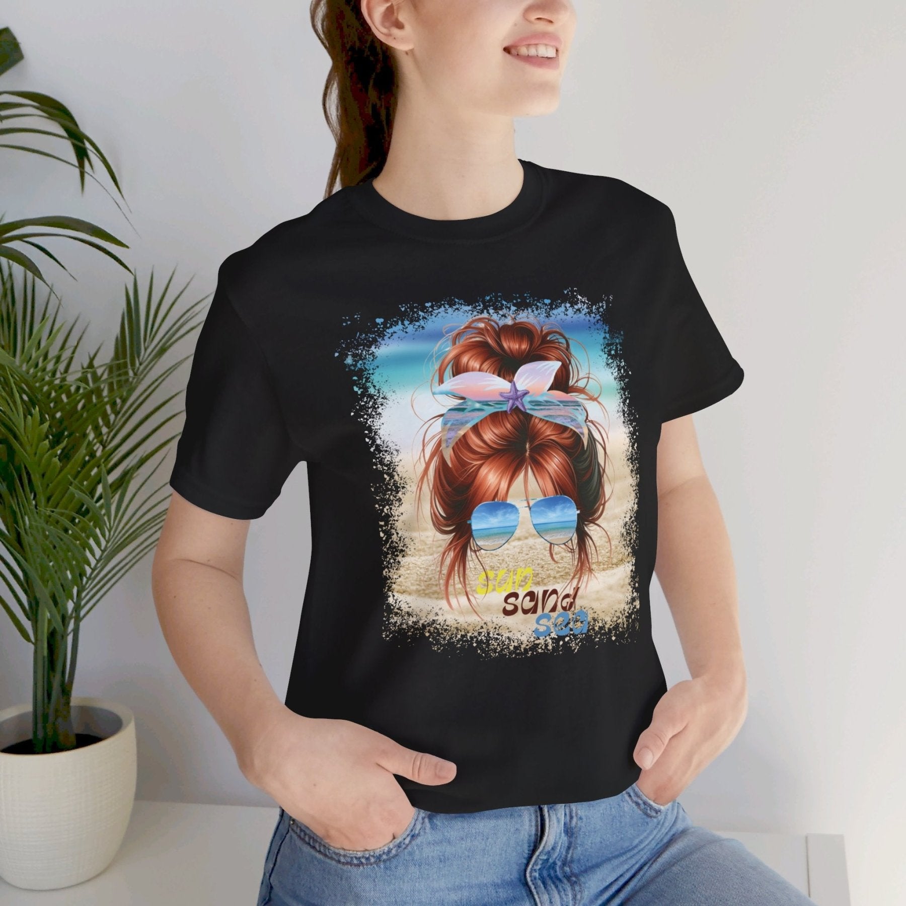 sun sand sea, Red Hair Messy Bun, Unisex Jersey Short Sleeve Tee - Janlyn's Crafts