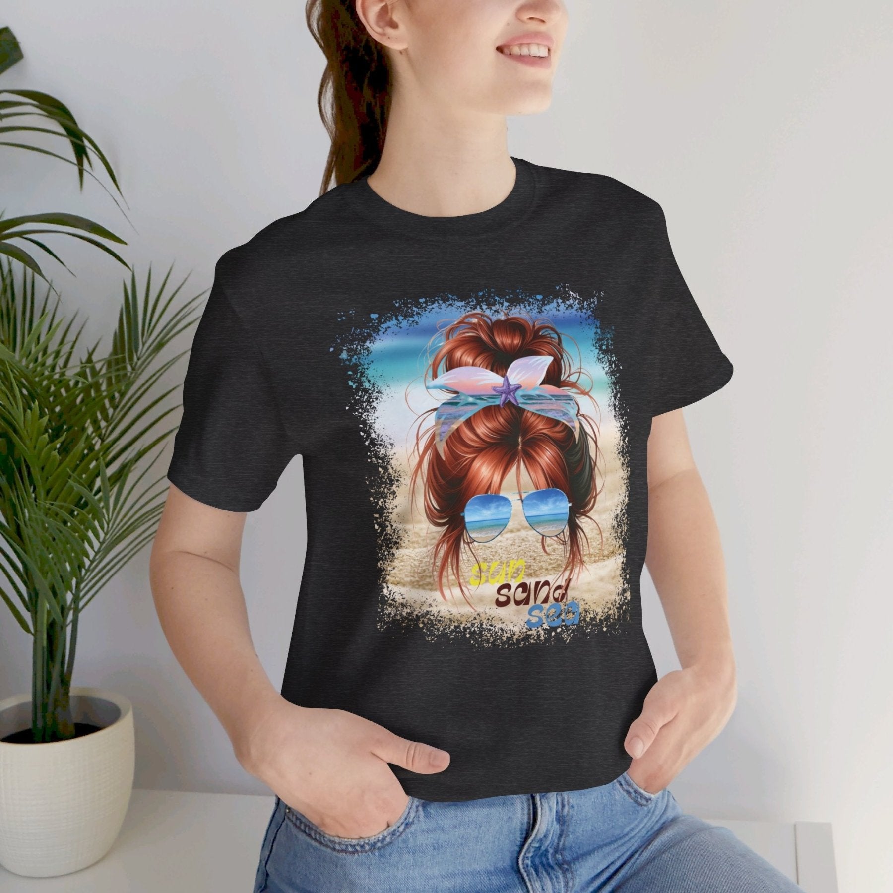 sun sand sea, Red Hair Messy Bun, Unisex Jersey Short Sleeve Tee - Janlyn's Crafts