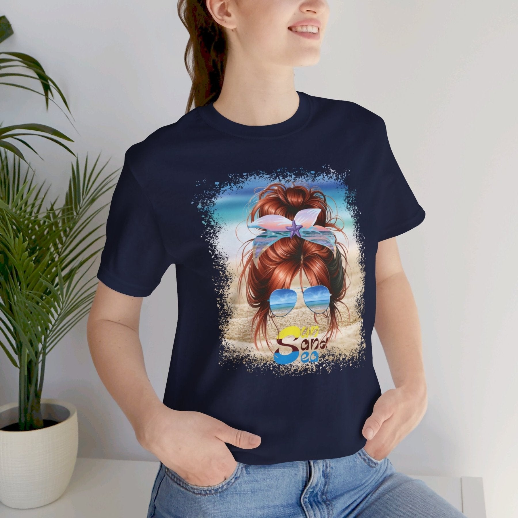 Sun Sand Sea, Red Hair Messy Bun, Unisex Jersey Short Sleeve Tee - Janlyn's Crafts