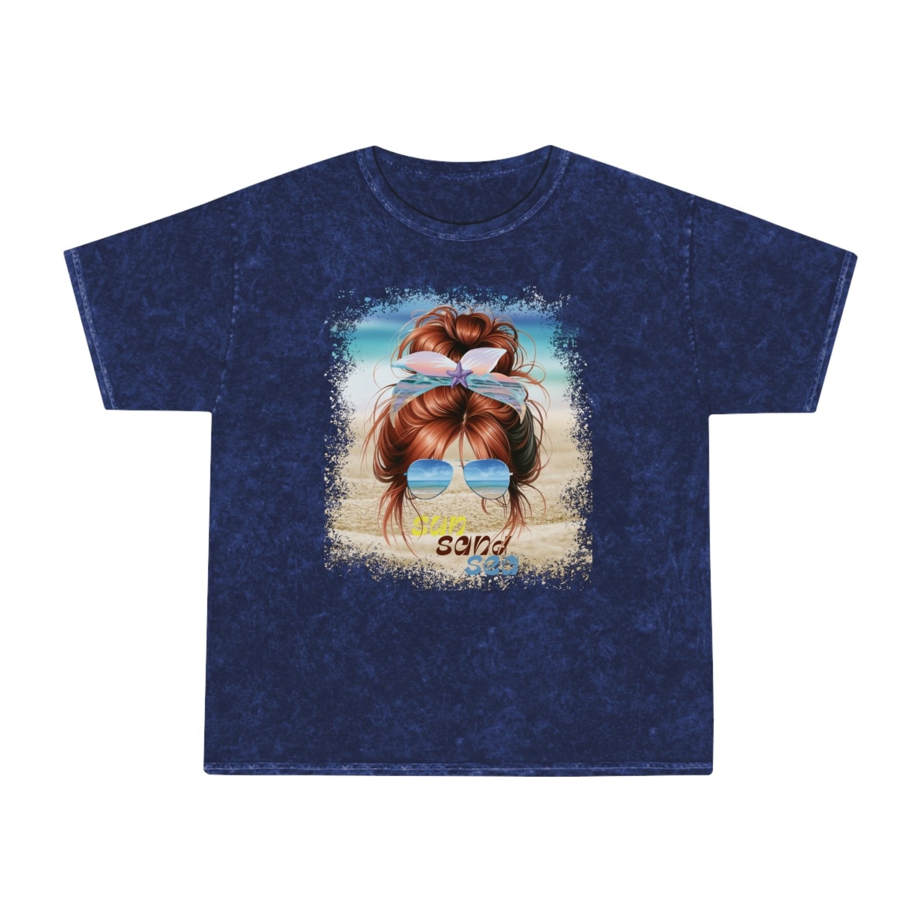 sun sand sea, Red Hair Messy Bun, Unisex Mineral Wash T-Shirt - Janlyn's Crafts