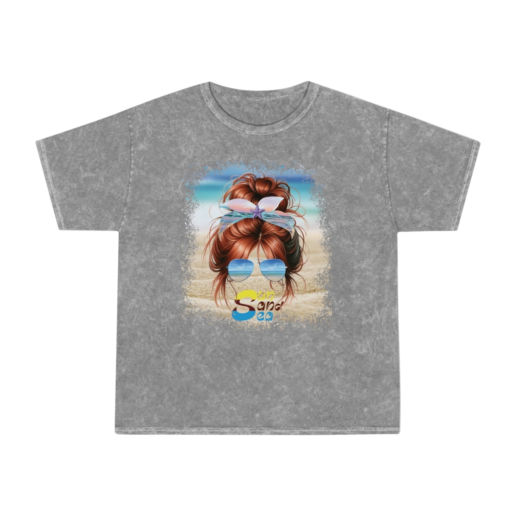 Sun Sand Sea, Red Hair Messy Bun, Unisex Mineral Wash T-Shirt - Janlyn's Crafts