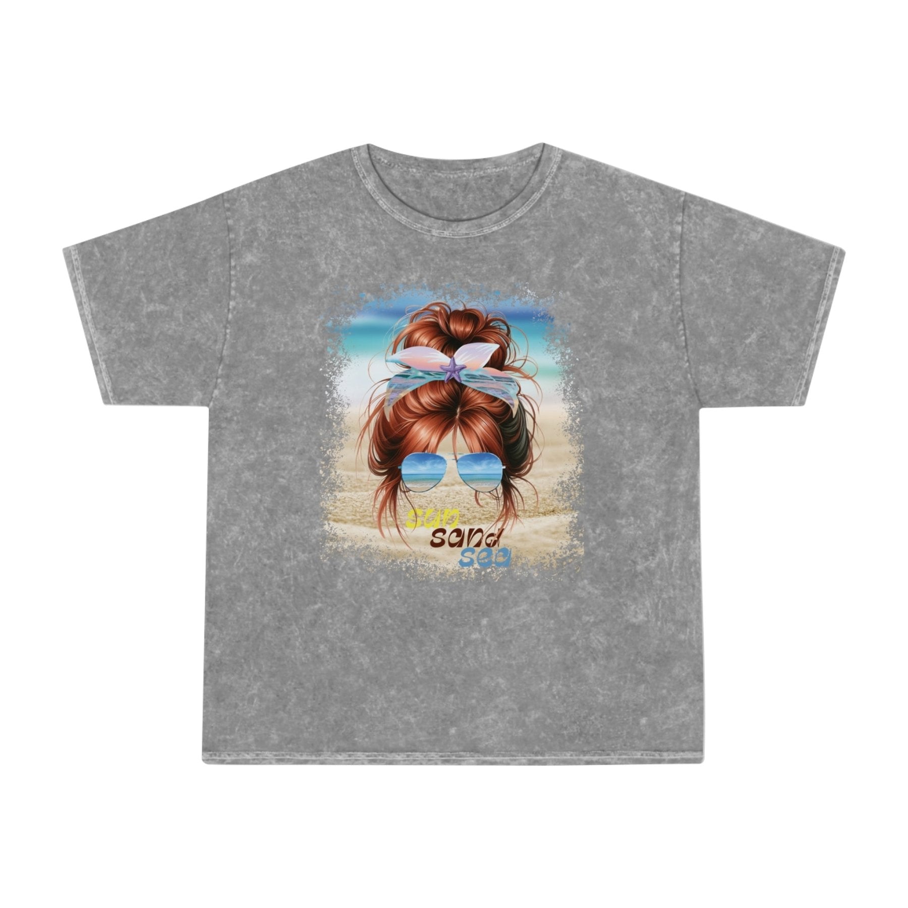 sun sand sea, Red Hair Messy Bun, Unisex Mineral Wash T-Shirt - Janlyn's Crafts