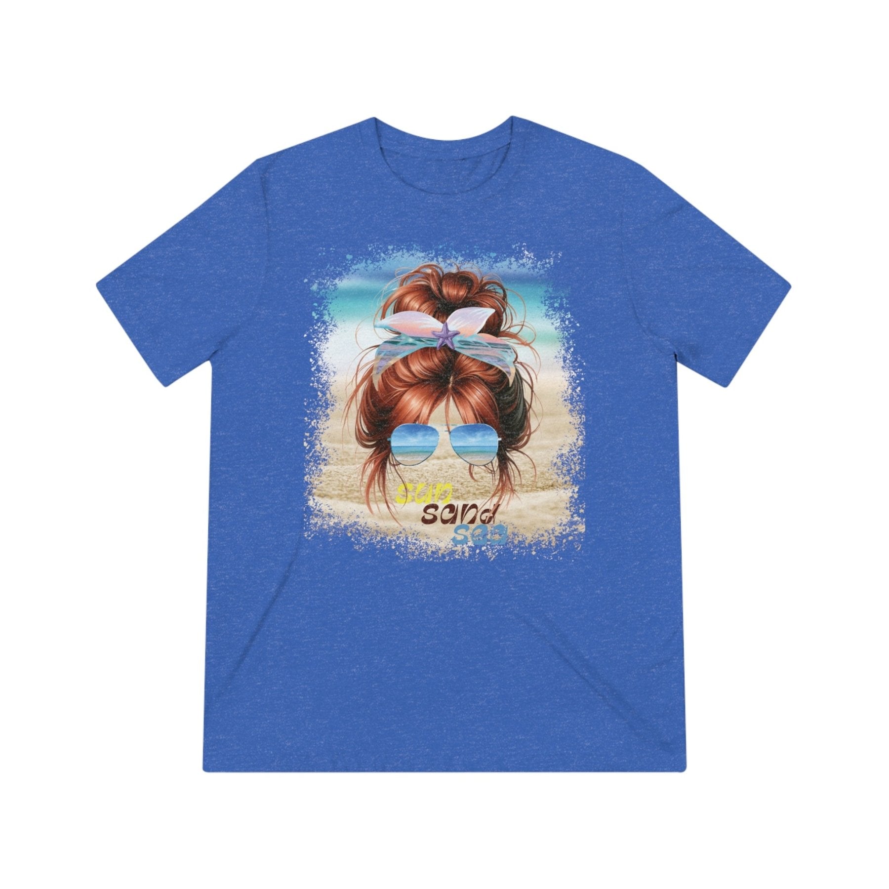 sun sand sea, Red Hair Messy Bun, Unisex Triblend T-Shirt - Janlyn's Crafts