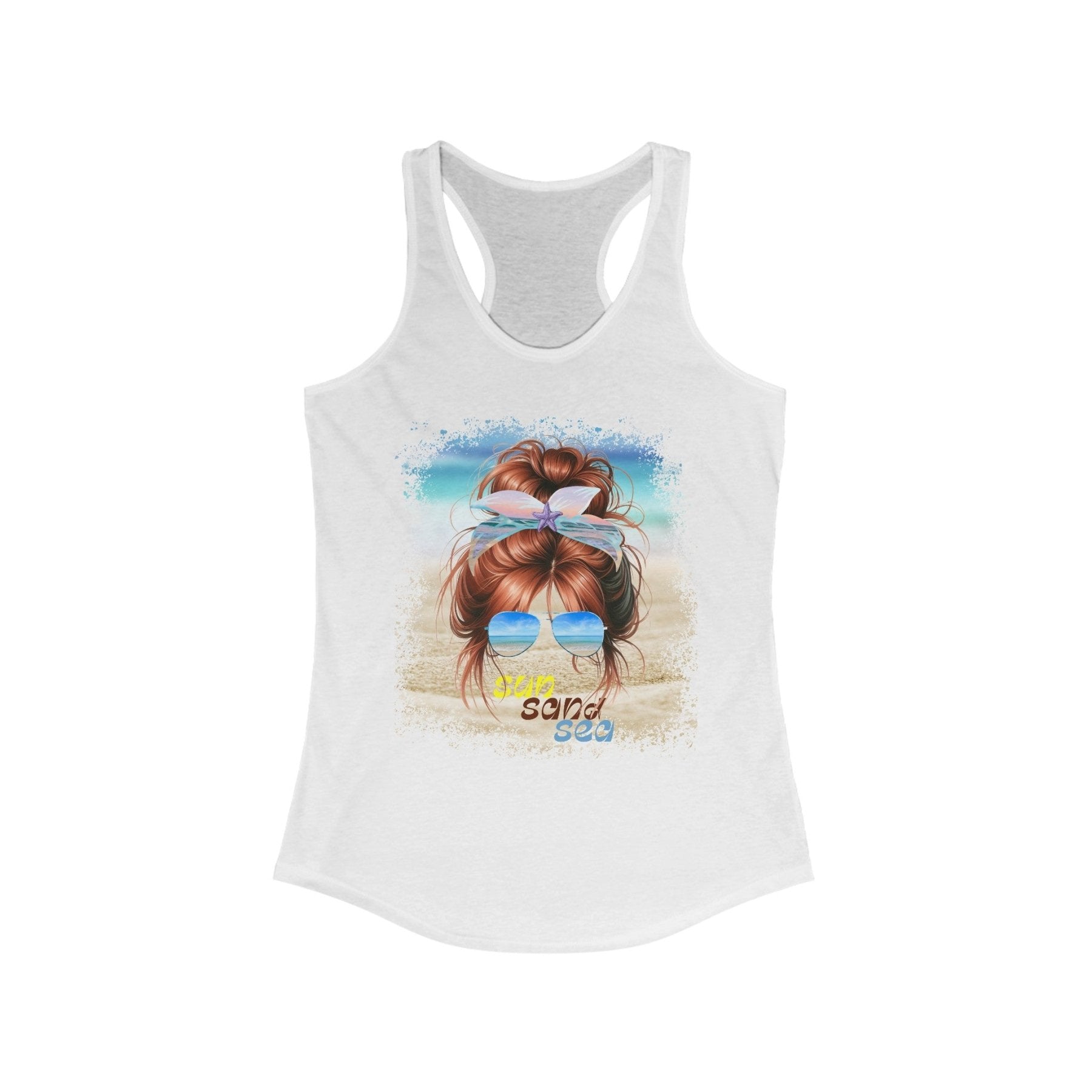 sun sand sea, Red Hair Messy Bun, Women's Ideal Racerback Tank - Janlyn's Crafts