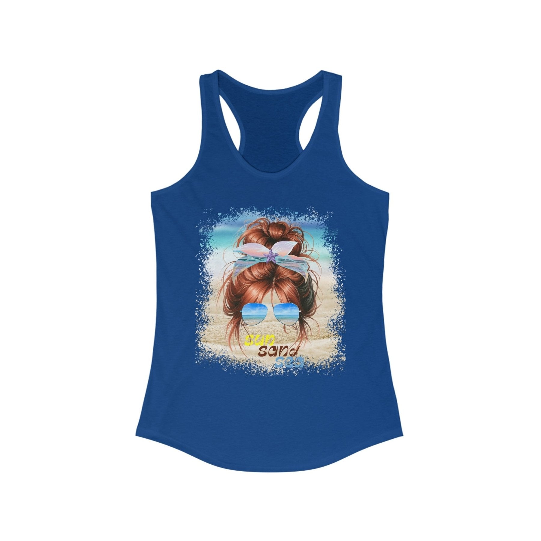 sun sand sea, Red Hair Messy Bun, Women's Ideal Racerback Tank - Janlyn's Crafts