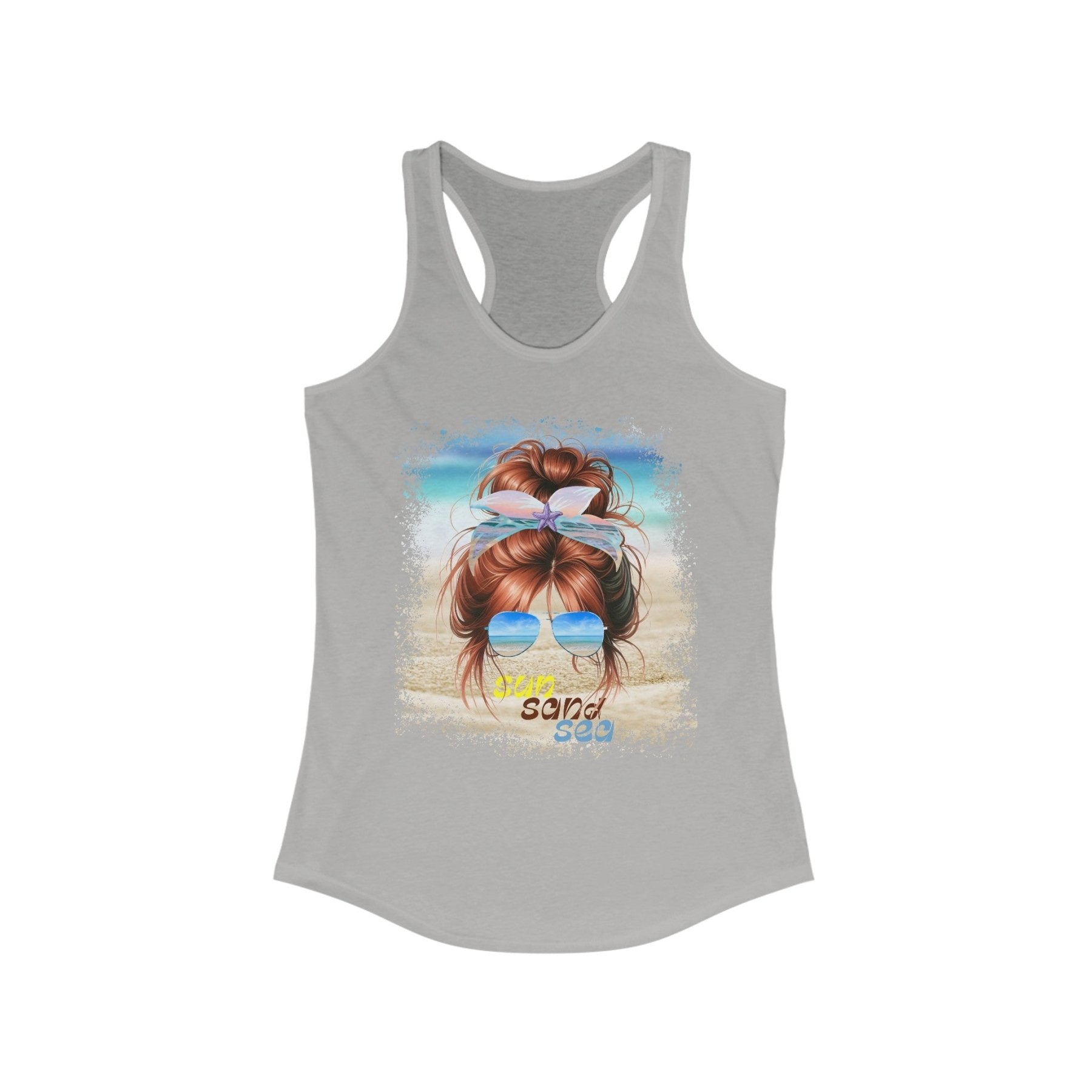 sun sand sea, Red Hair Messy Bun, Women's Ideal Racerback Tank - Janlyn's Crafts