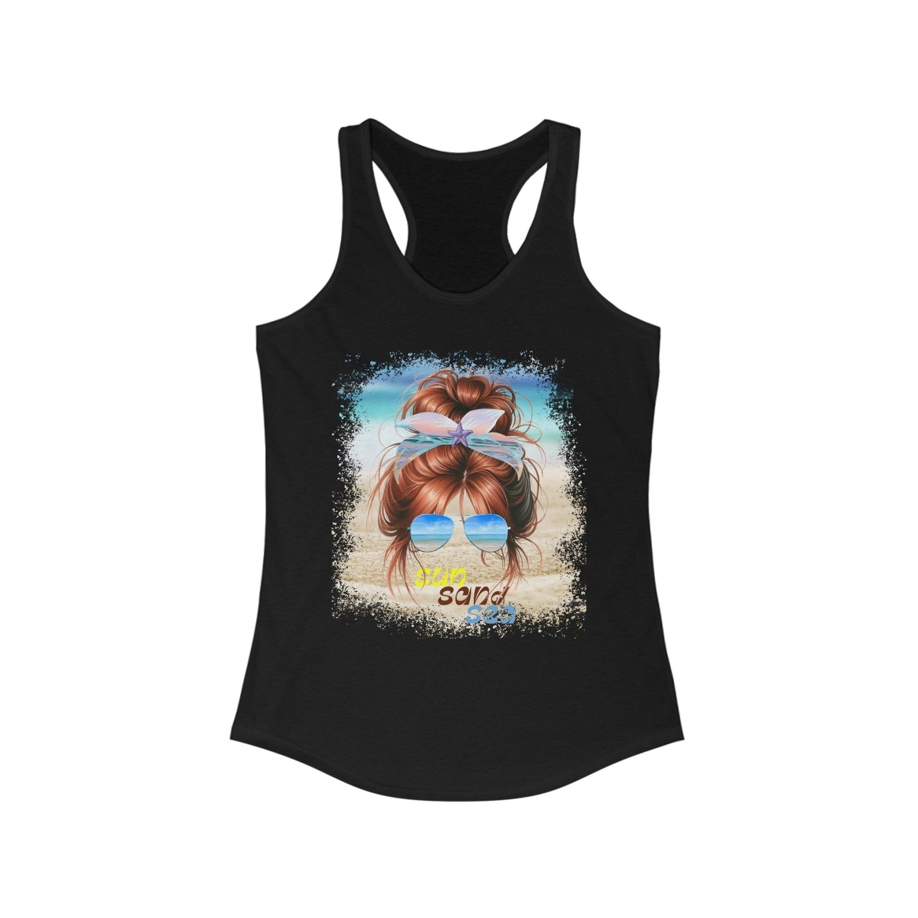 sun sand sea, Red Hair Messy Bun, Women's Ideal Racerback Tank - Janlyn's Crafts