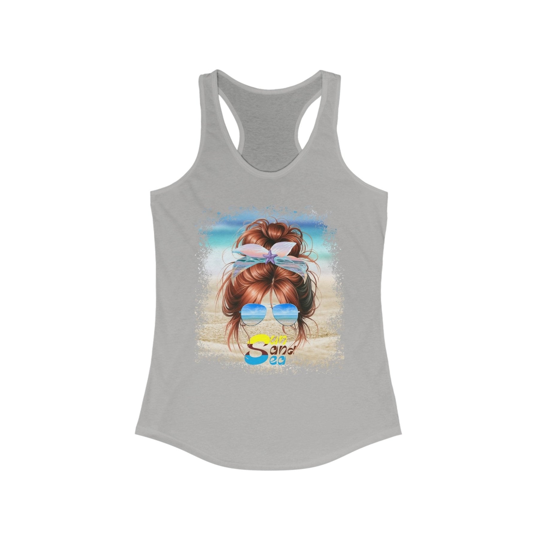 Sun Sand Sea, Red Hair Messy Bun, Women's Ideal Racerback Tank - Janlyn's Crafts