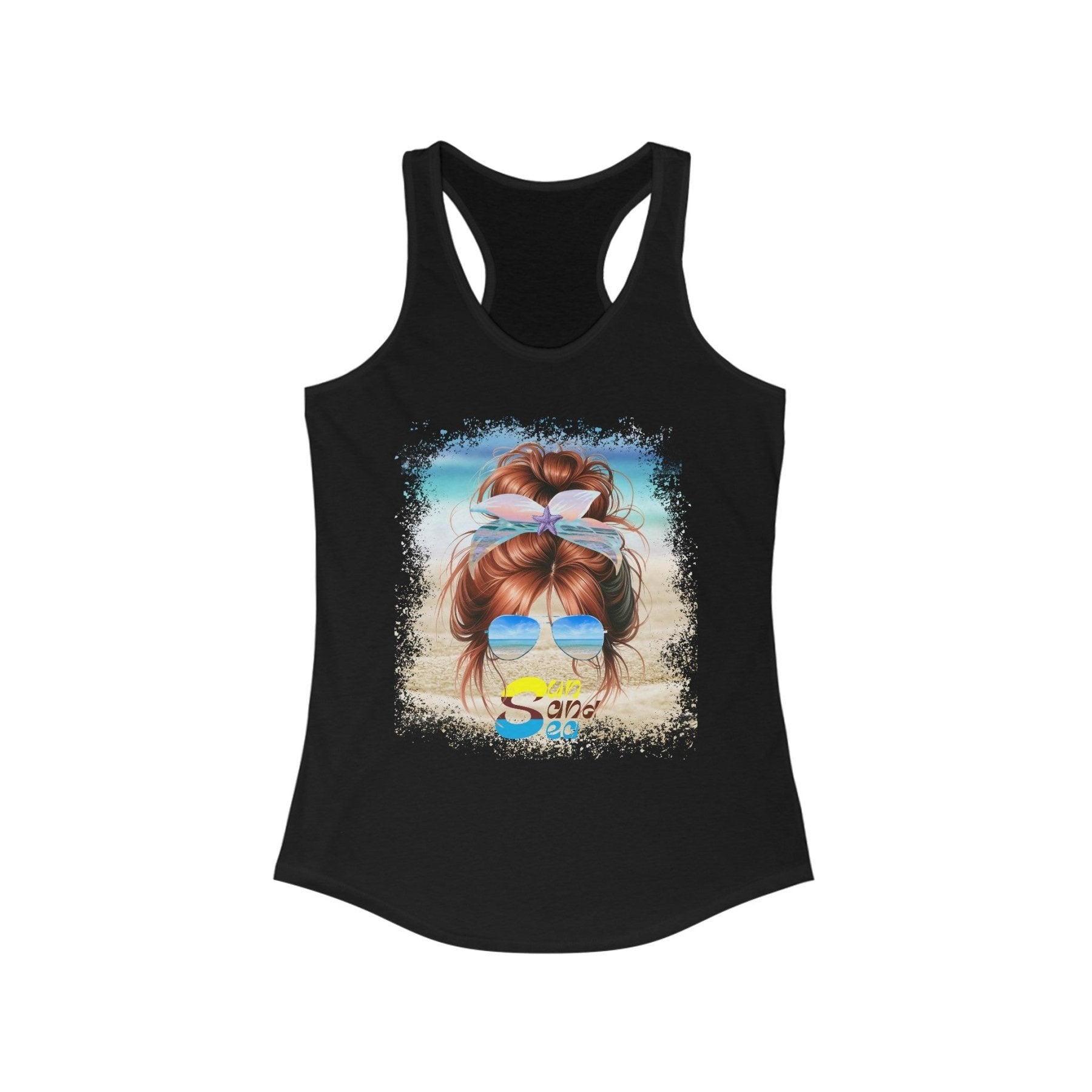 Sun Sand Sea, Red Hair Messy Bun, Women's Ideal Racerback Tank - Janlyn's Crafts