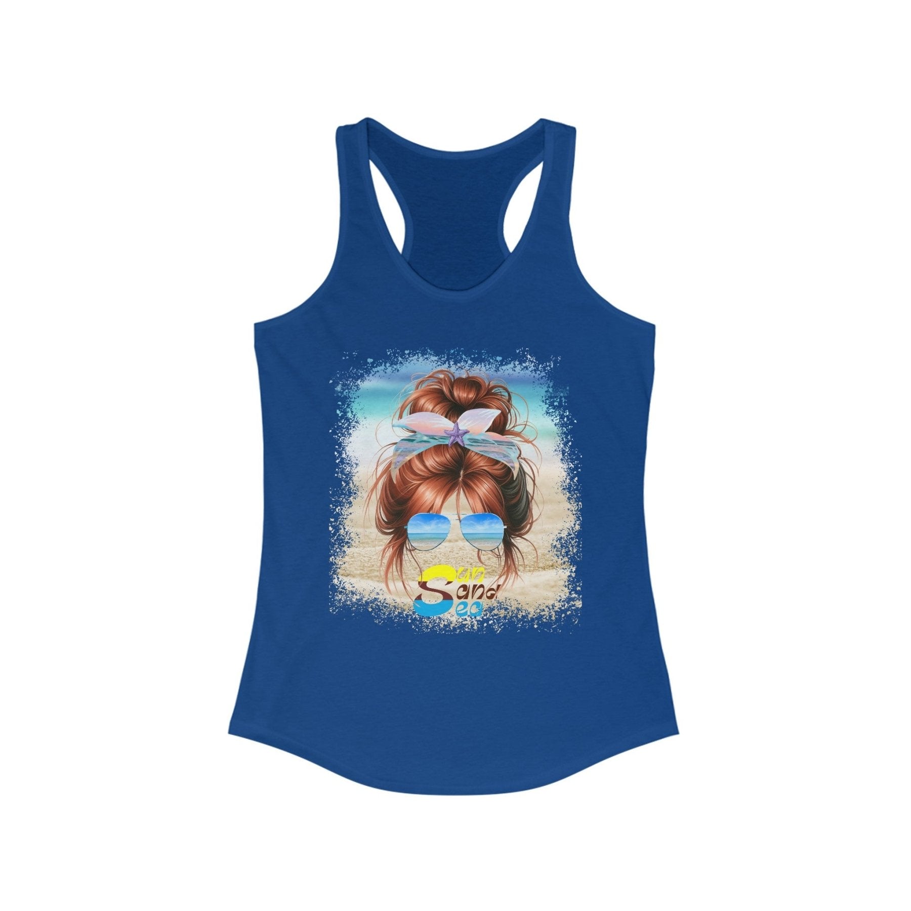 Sun Sand Sea, Red Hair Messy Bun, Women's Ideal Racerback Tank - Janlyn's Crafts