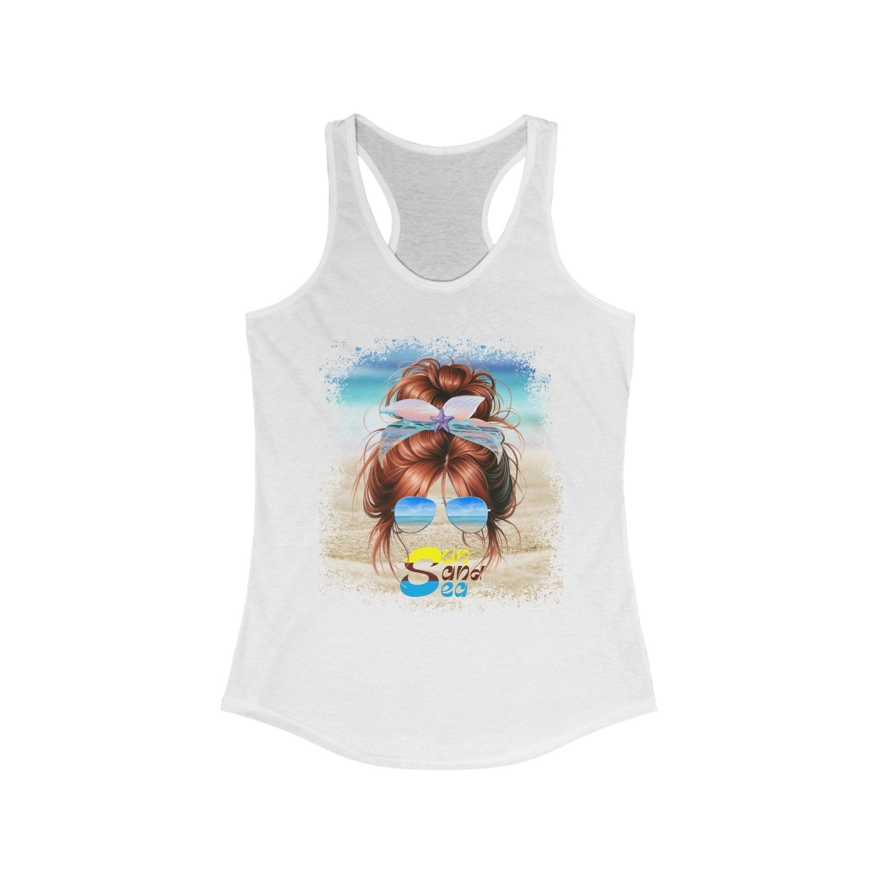 Sun Sand Sea, Red Hair Messy Bun, Women's Ideal Racerback Tank - Janlyn's Crafts