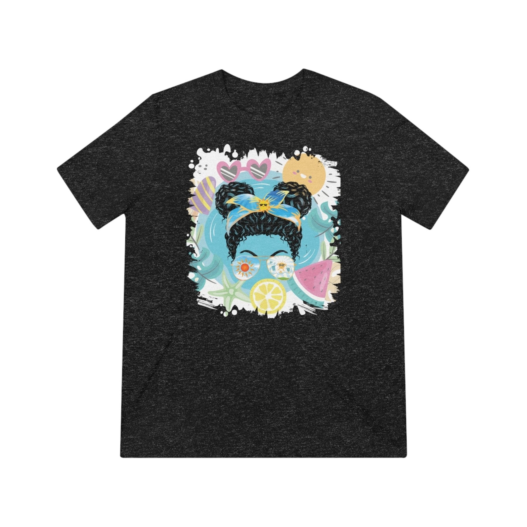 Sun Whimsical, Black Hair Messy Bun, Unisex Triblend T - Shirt - Janlyn's Crafts