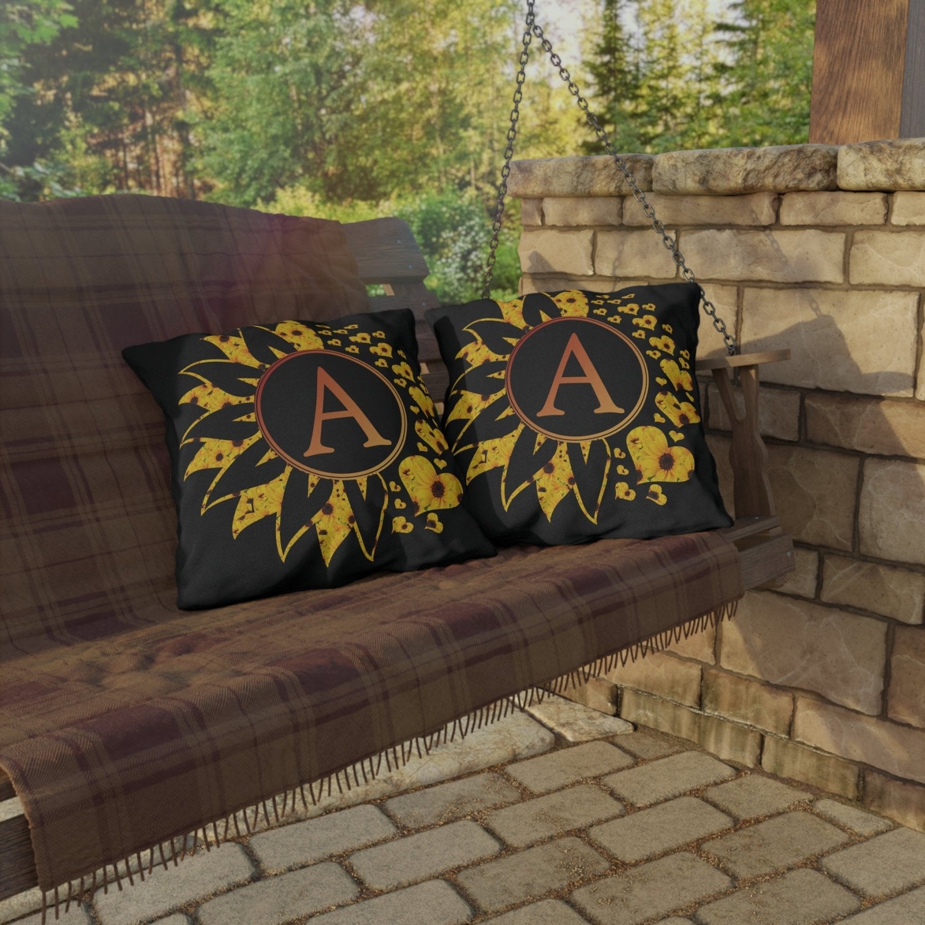 Sunflower and Hearts Outdoor Pillow, Monogram, Black Pillow, Qty 1 (Sunflowers-A) - Janlyn's Crafts