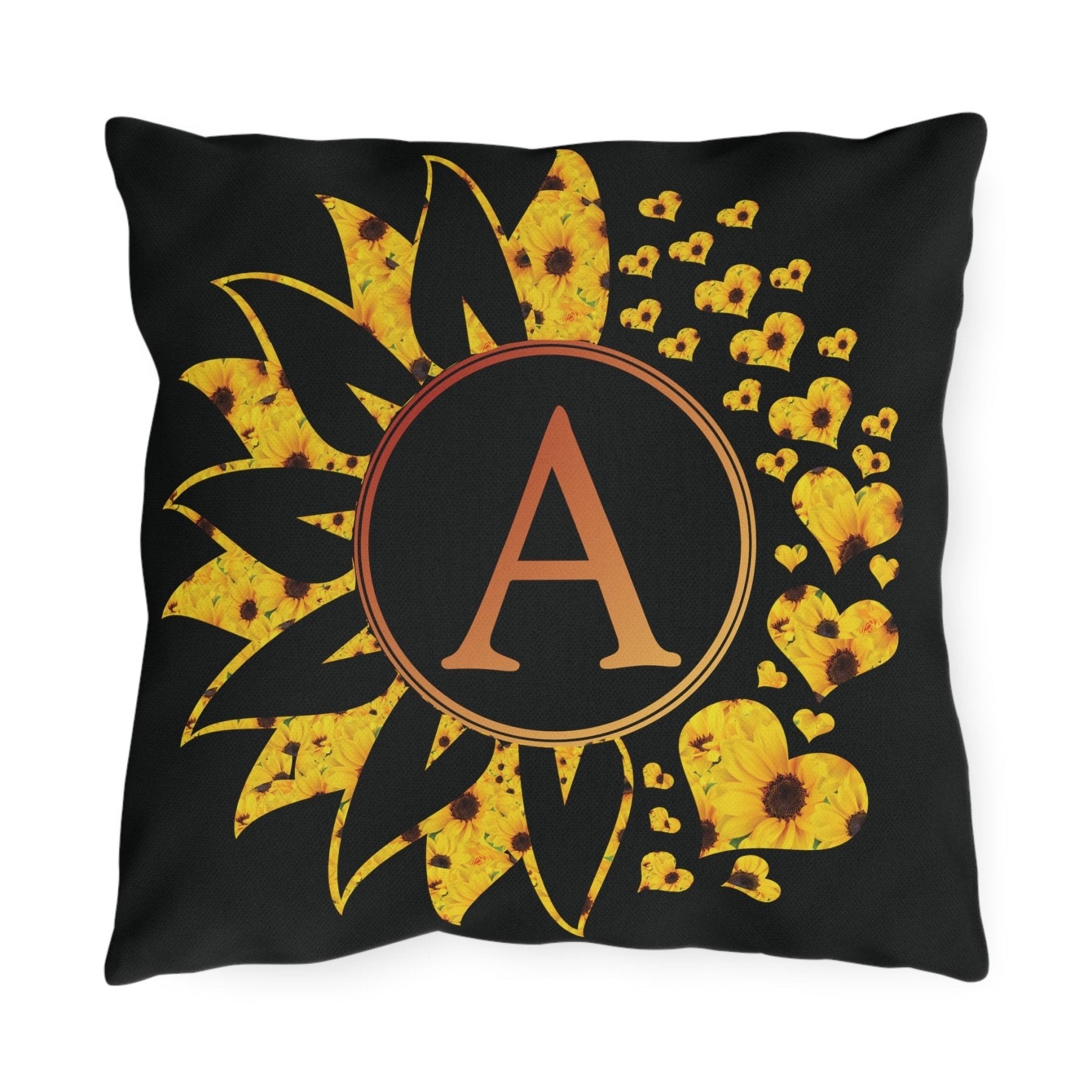 Sunflower and Hearts Outdoor Pillow, Monogram, Black Pillow, Qty 1 (Sunflowers-A) - Janlyn's Crafts