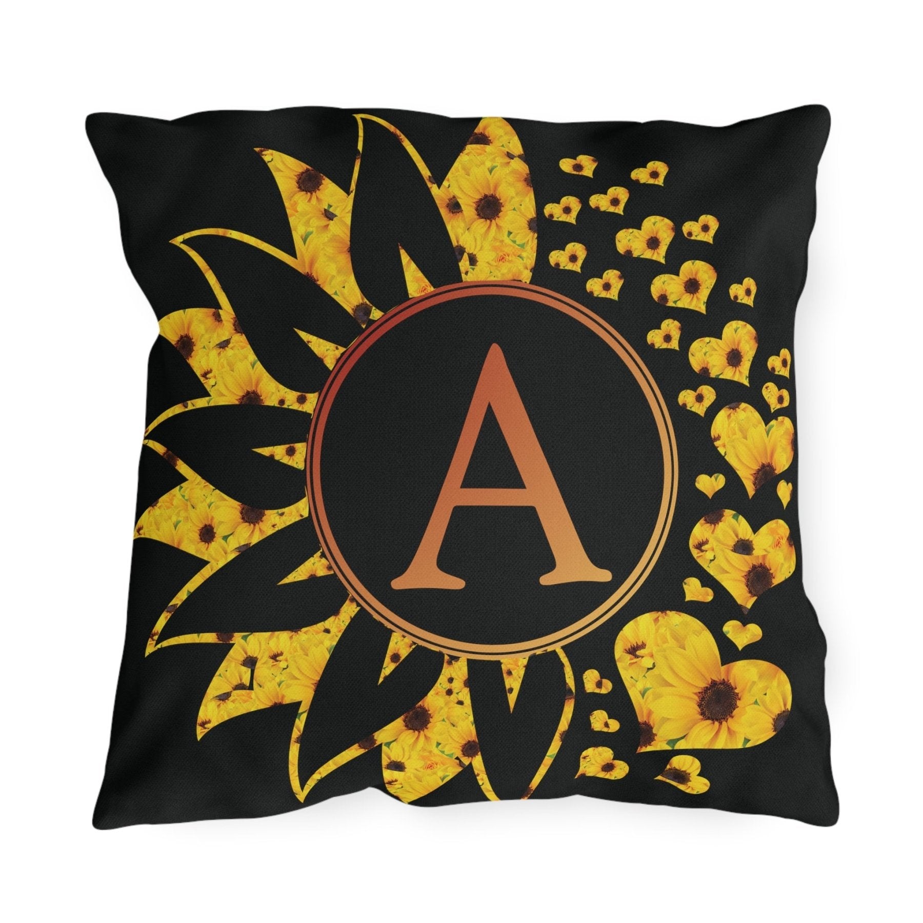 Sunflower and Hearts Outdoor Pillow, Monogram, Black Pillow, Qty 1 (Sunflowers-A) - Janlyn's Crafts