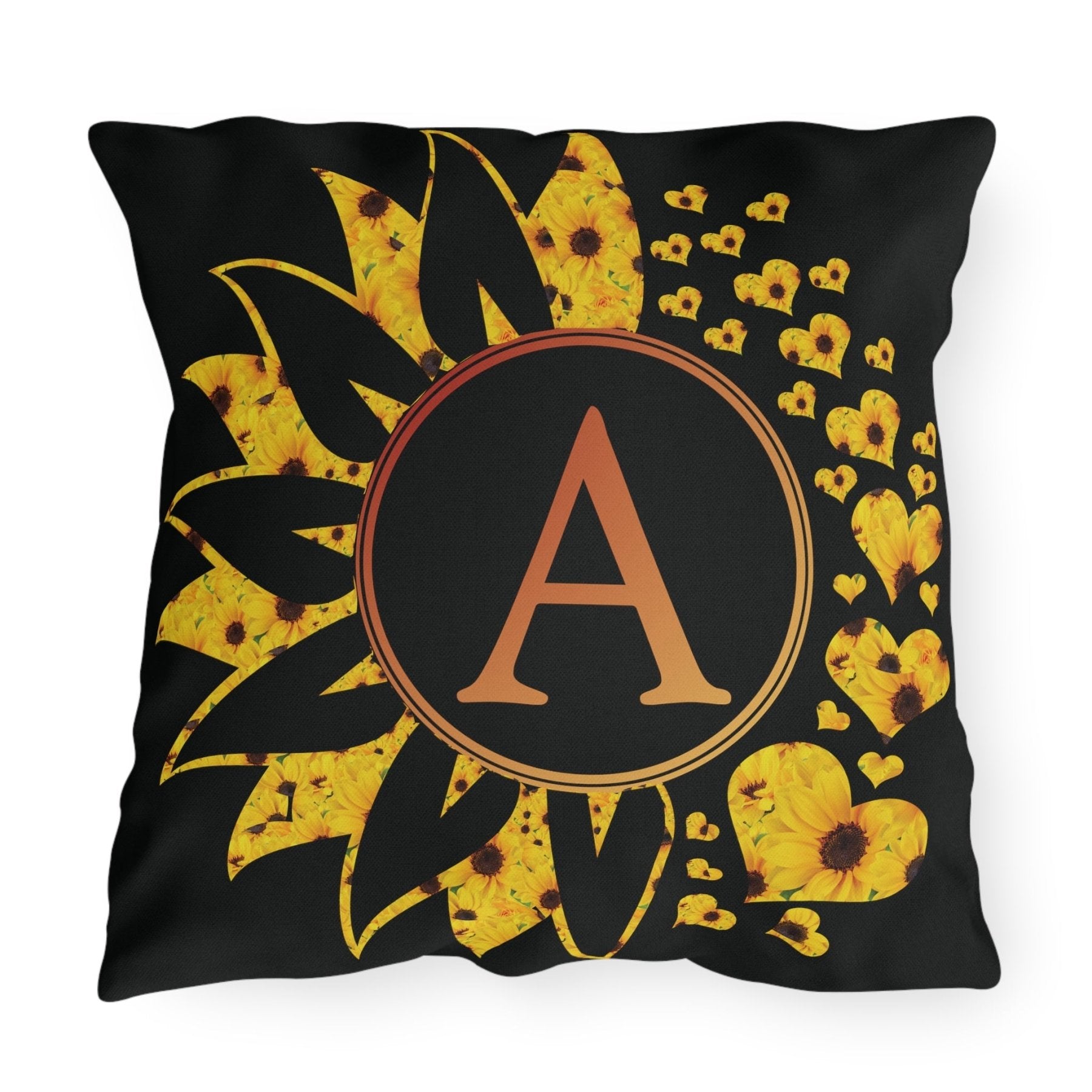 Sunflower and Hearts Outdoor Pillow, Monogram, Black Pillow, Qty 1 (Sunflowers-A) - Janlyn's Crafts