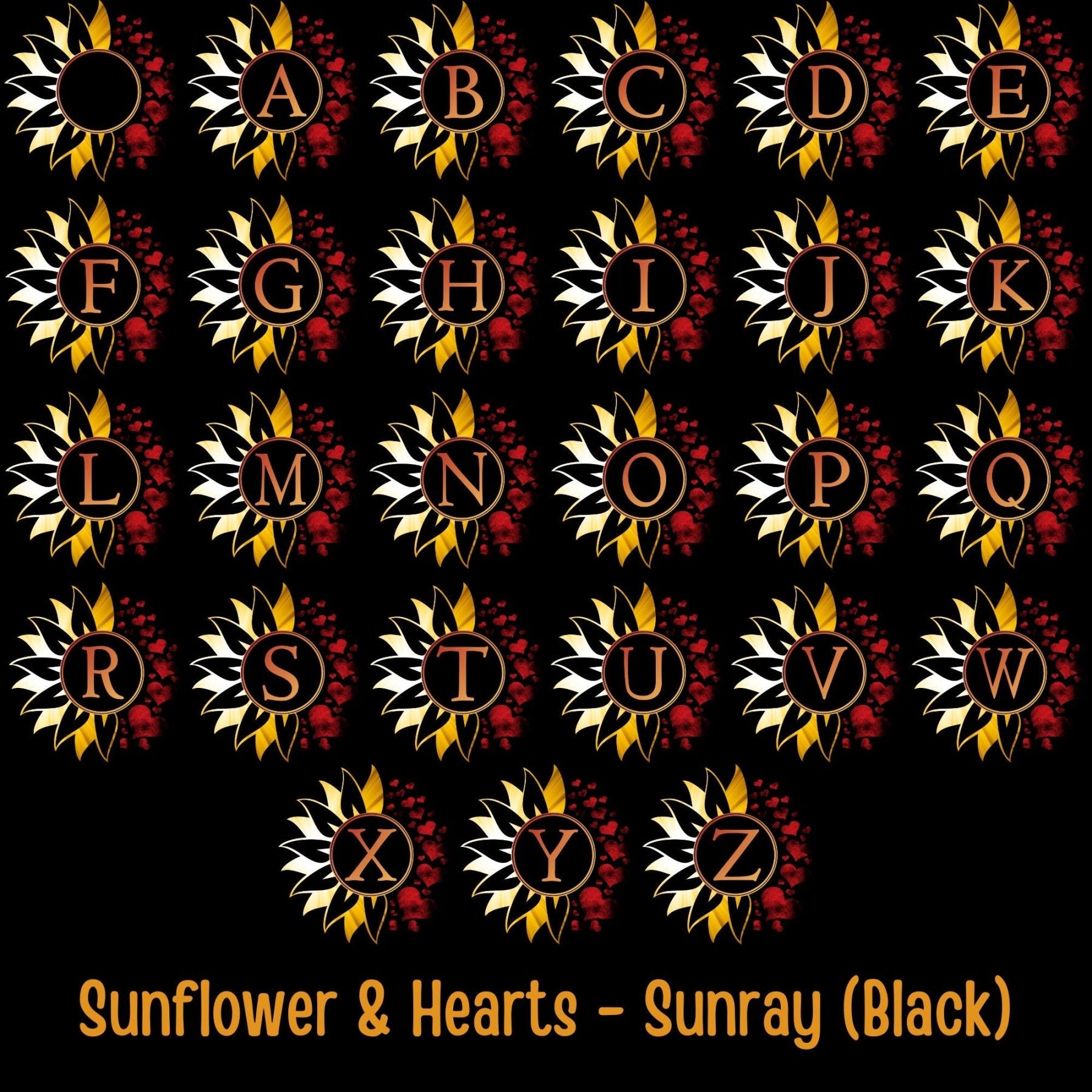 Sunflower and Hearts Outdoor Pillow, Monogram, Black Pillow, Qty 1 (Sunray) - Janlyn's Crafts