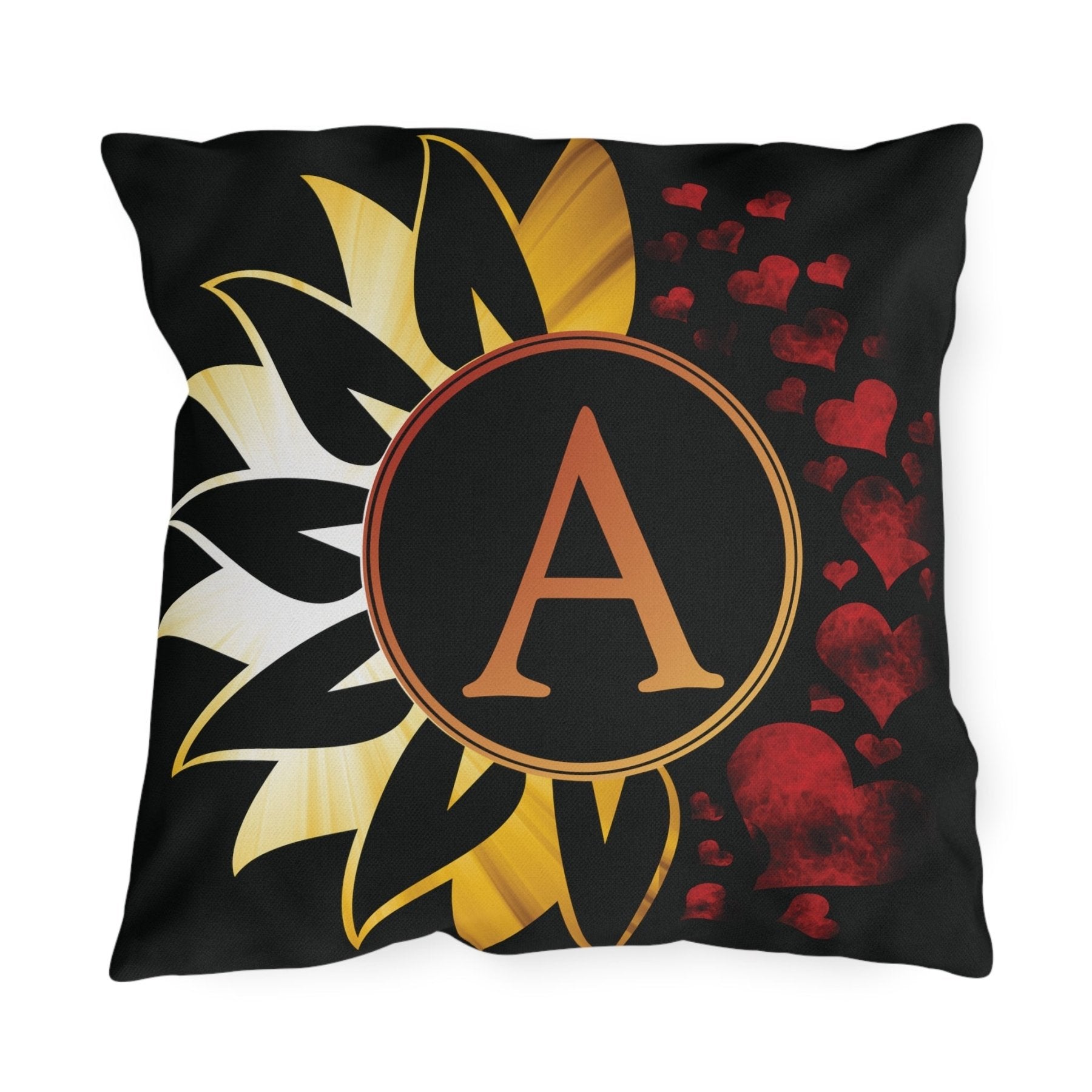 Sunflower and Hearts Outdoor Pillow, Monogram, Black Pillow, Qty 1 (Sunray-A) - Janlyn's Crafts