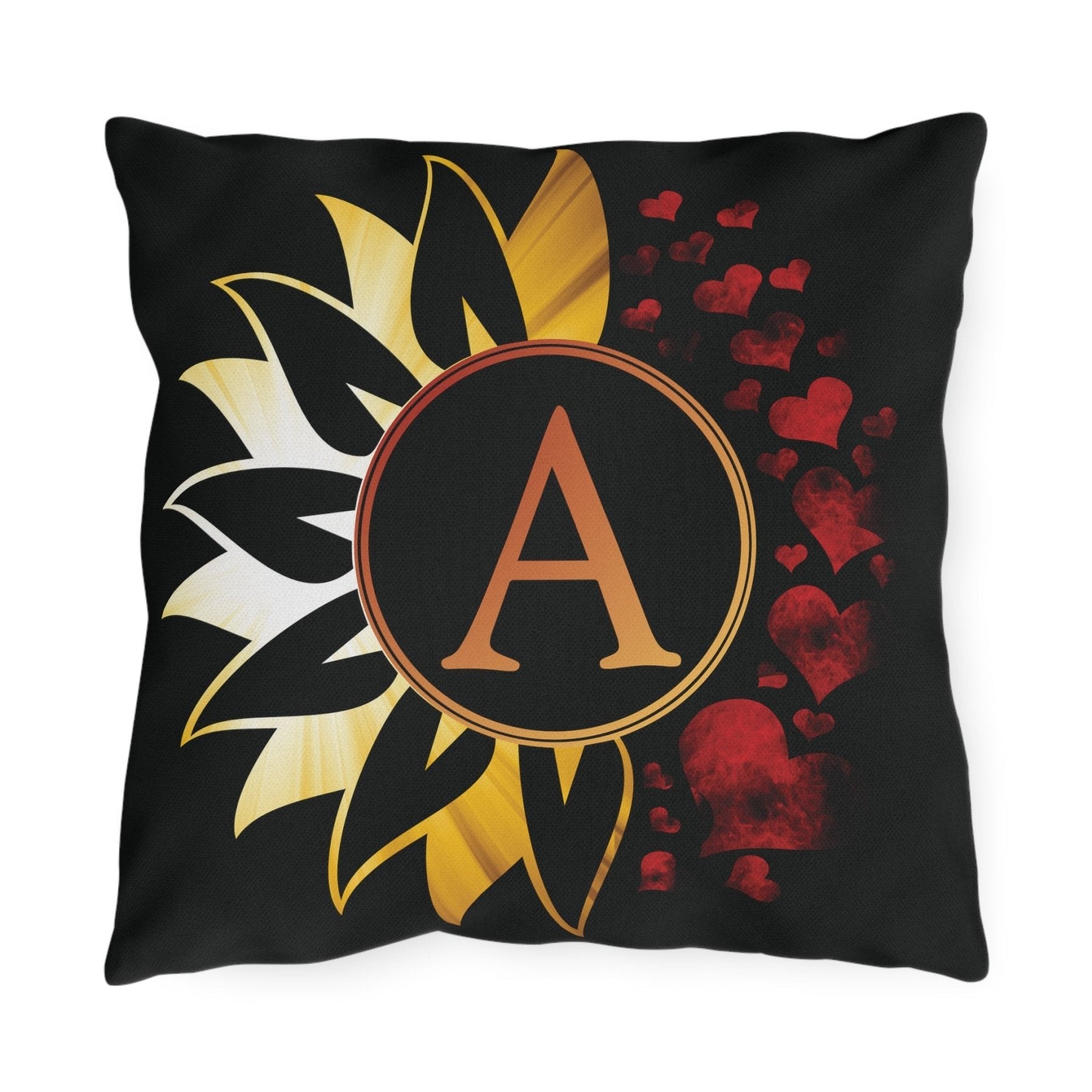 Sunflower and Hearts Outdoor Pillow, Monogram, Black Pillow, Qty 1 (Sunray-A) - Janlyn's Crafts