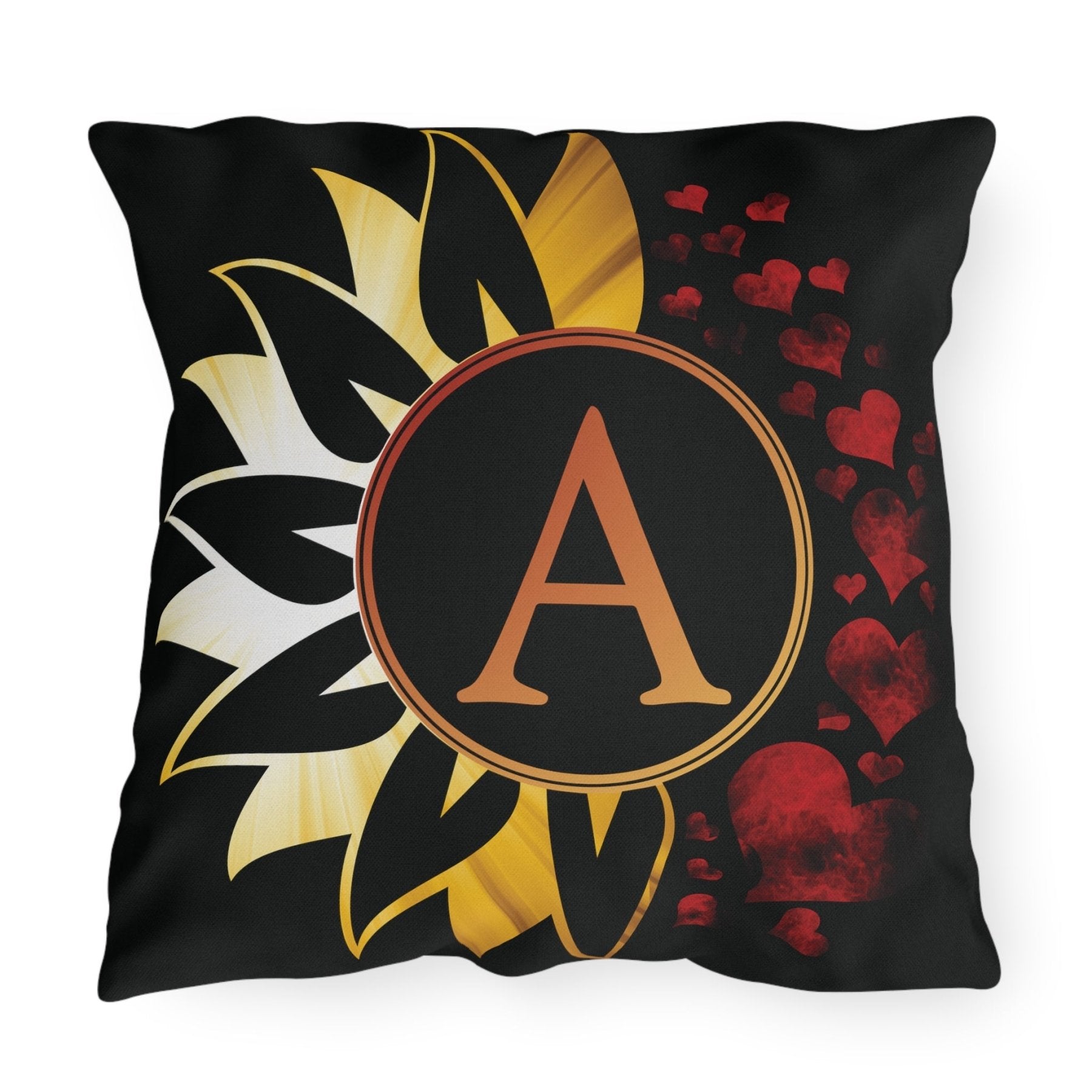 Sunflower and Hearts Outdoor Pillow, Monogram, Black Pillow, Qty 1 (Sunray-A) - Janlyn's Crafts