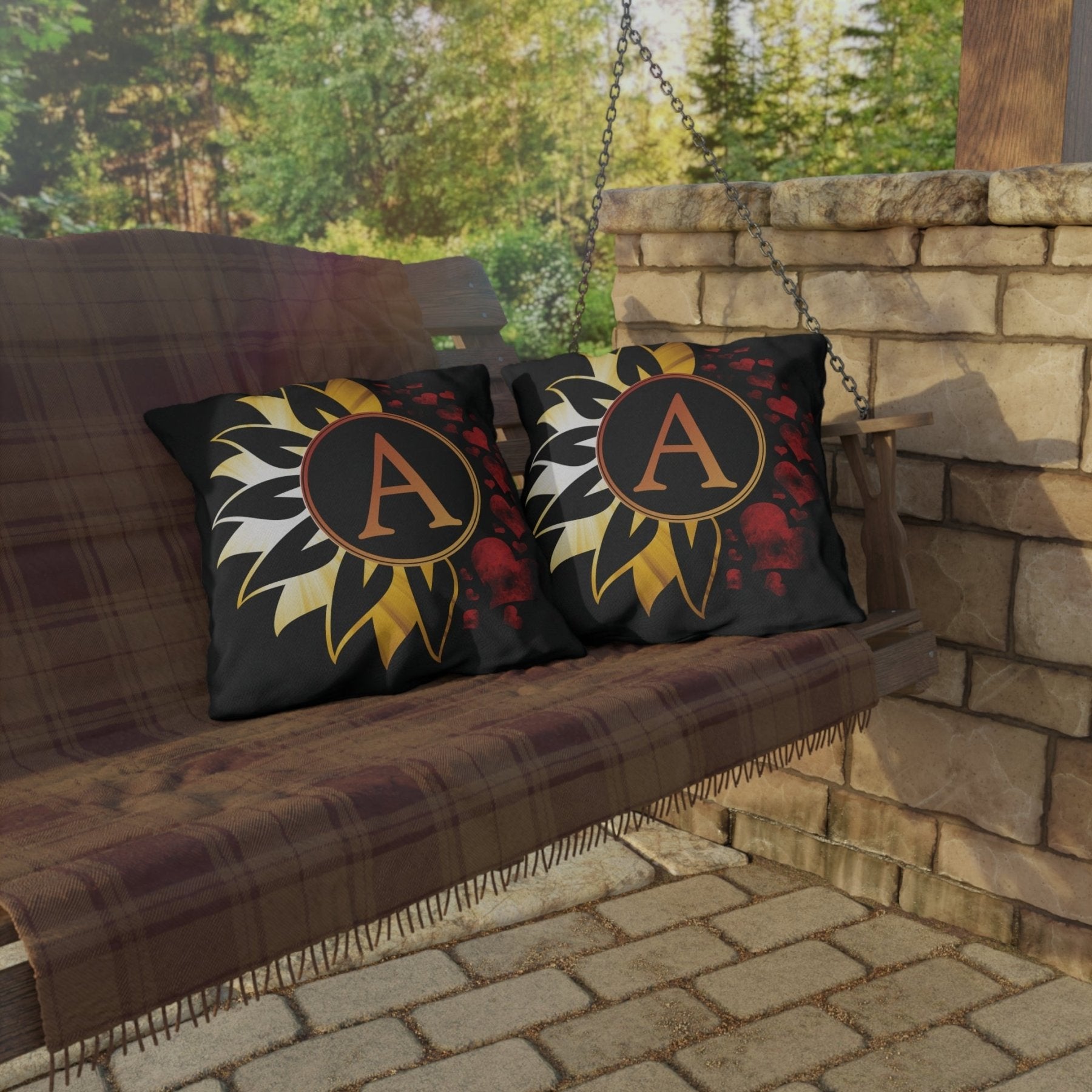 Sunflower and Hearts Outdoor Pillow, Monogram, Black Pillow, Qty 1 (Sunray-A) - Janlyn's Crafts