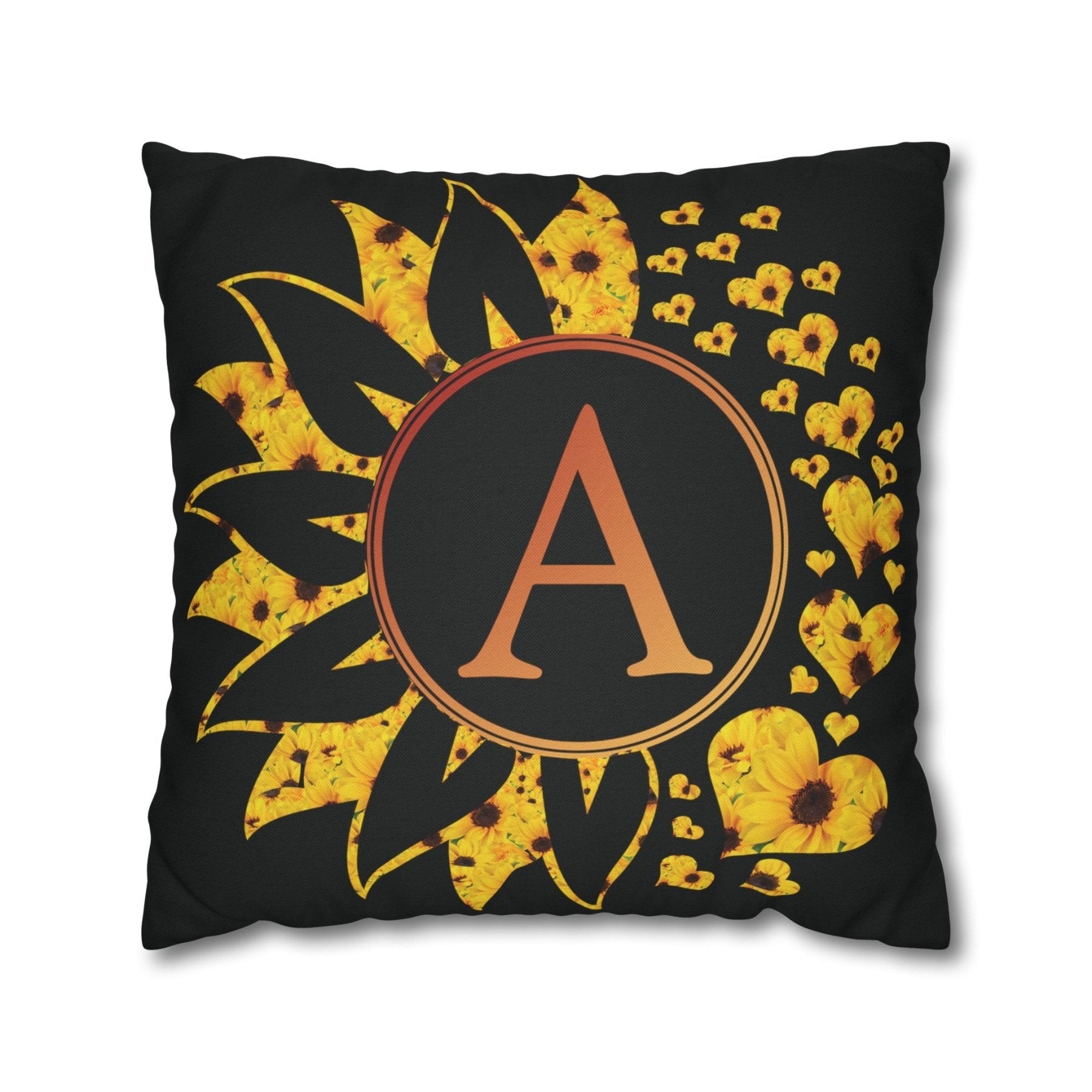 Sunflower & Hearts Monogram Throw Pillow Cover, Throw Pillow Case, Black Case, Qty 1, (Sunflower-A) - Janlyn's Crafts