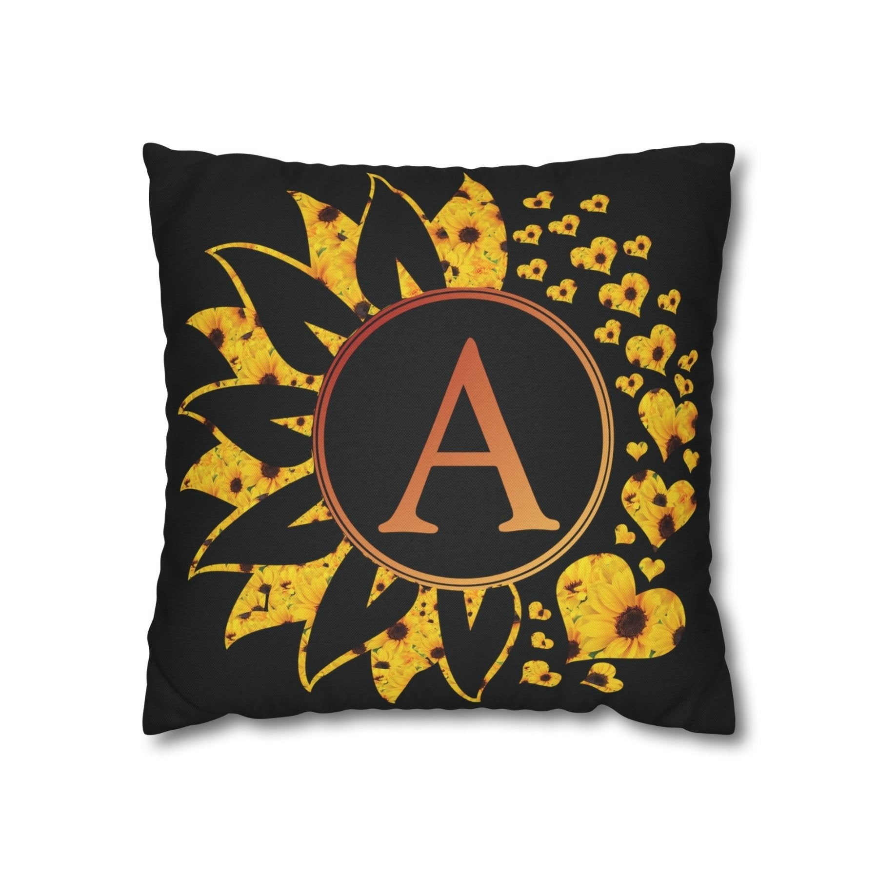 Sunflower & Hearts Monogram Throw Pillow Cover, Throw Pillow Case, Black Case, Qty 1, (Sunflower-A) - Janlyn's Crafts