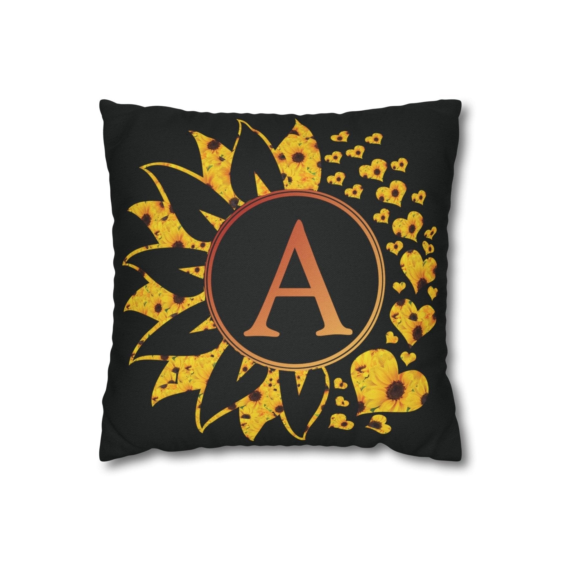 Sunflower & Hearts Monogram Throw Pillow Cover, Throw Pillow Case, Black Case, Qty 1, (Sunflower-A) - Janlyn's Crafts