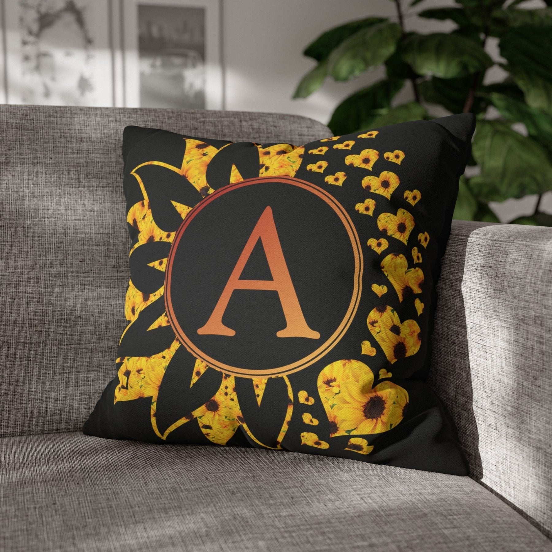 Sunflower & Hearts Monogram Throw Pillow Cover, Throw Pillow Case, Black Case, Qty 1, (Sunflower-A) - Janlyn's Crafts