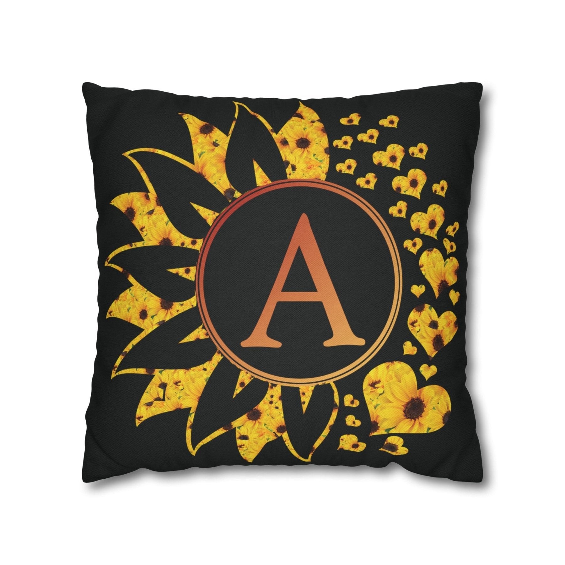 Sunflower & Hearts Monogram Throw Pillow Cover, Throw Pillow Case, Black Case, Qty 1, (Sunflower-A) - Janlyn's Crafts