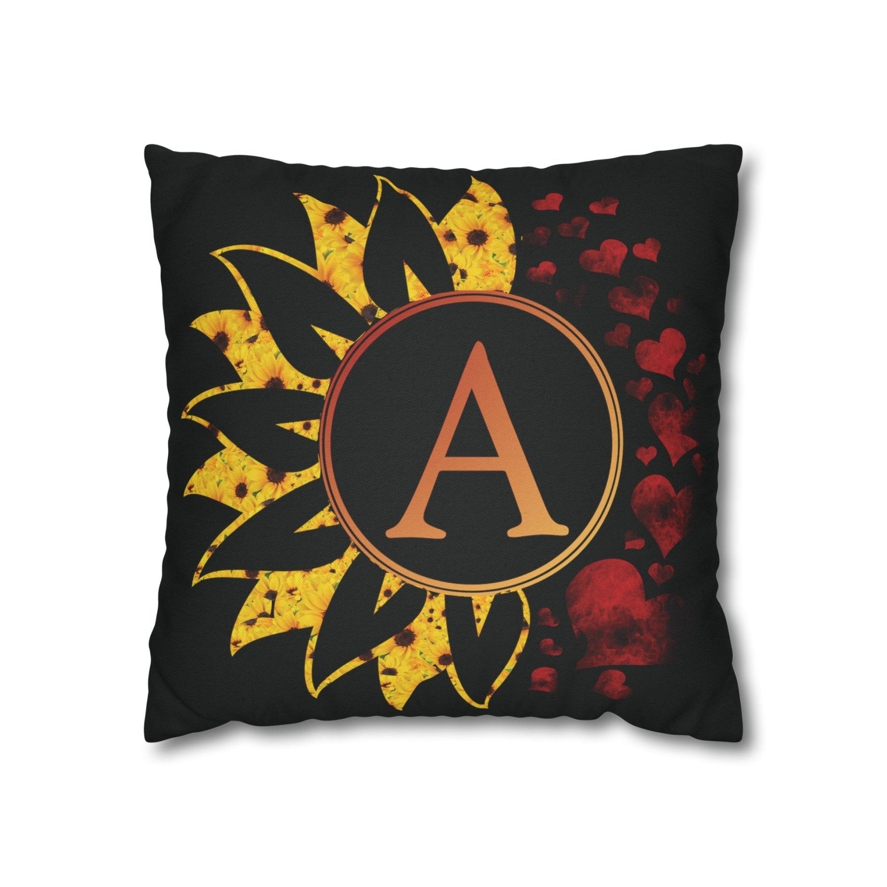 Sunflower & Hearts Monogram Throw Pillow Cover, Throw Pillow Case, Black Case, Qty 1, (Sunflower&Hearts-A) - Janlyn's Crafts