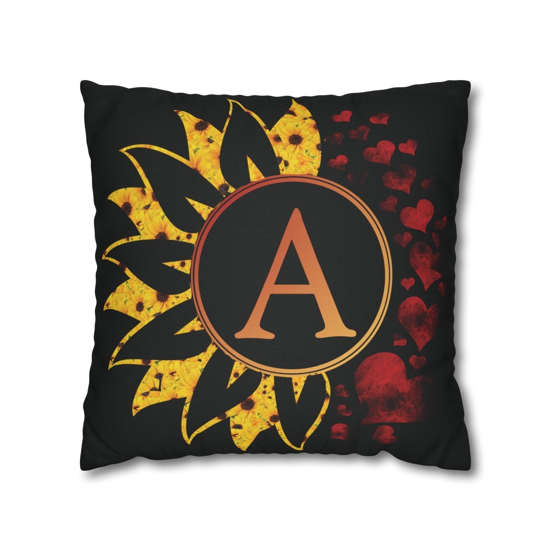 Sunflower & Hearts Monogram Throw Pillow Cover, Throw Pillow Case, Black Case, Qty 1, (Sunflower&Hearts-A) - Janlyn's Crafts