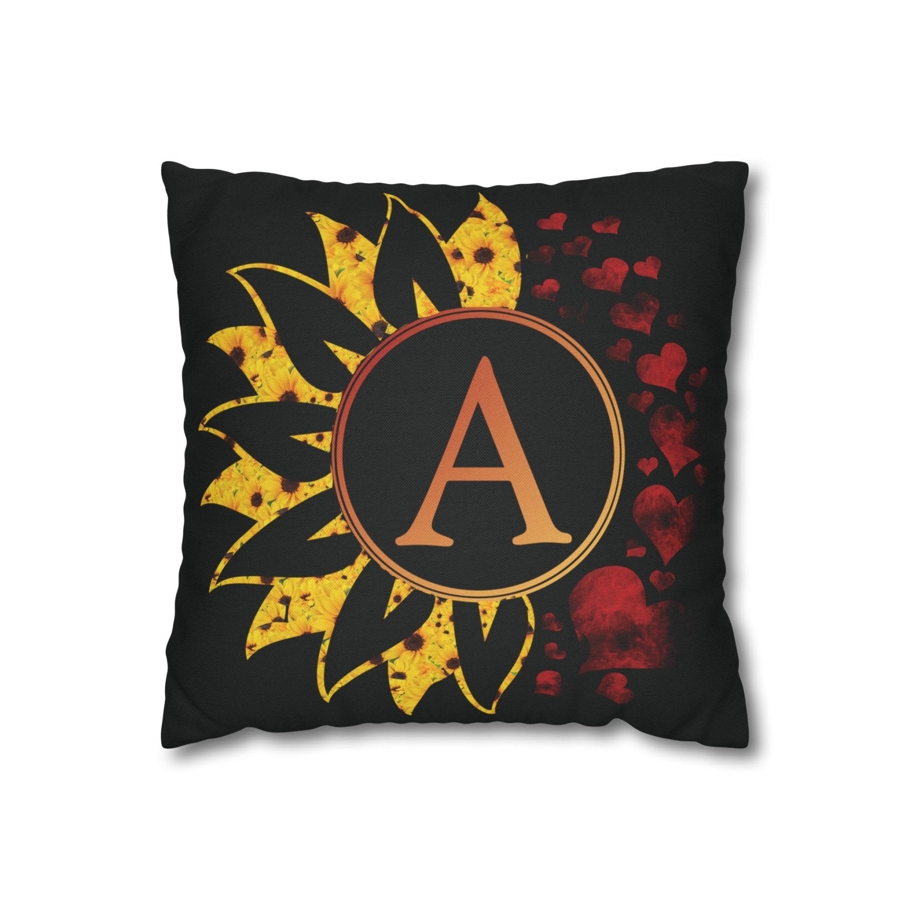 Sunflower & Hearts Monogram Throw Pillow Cover, Throw Pillow Case, Black Case, Qty 1, (Sunflower&Hearts-A) - Janlyn's Crafts