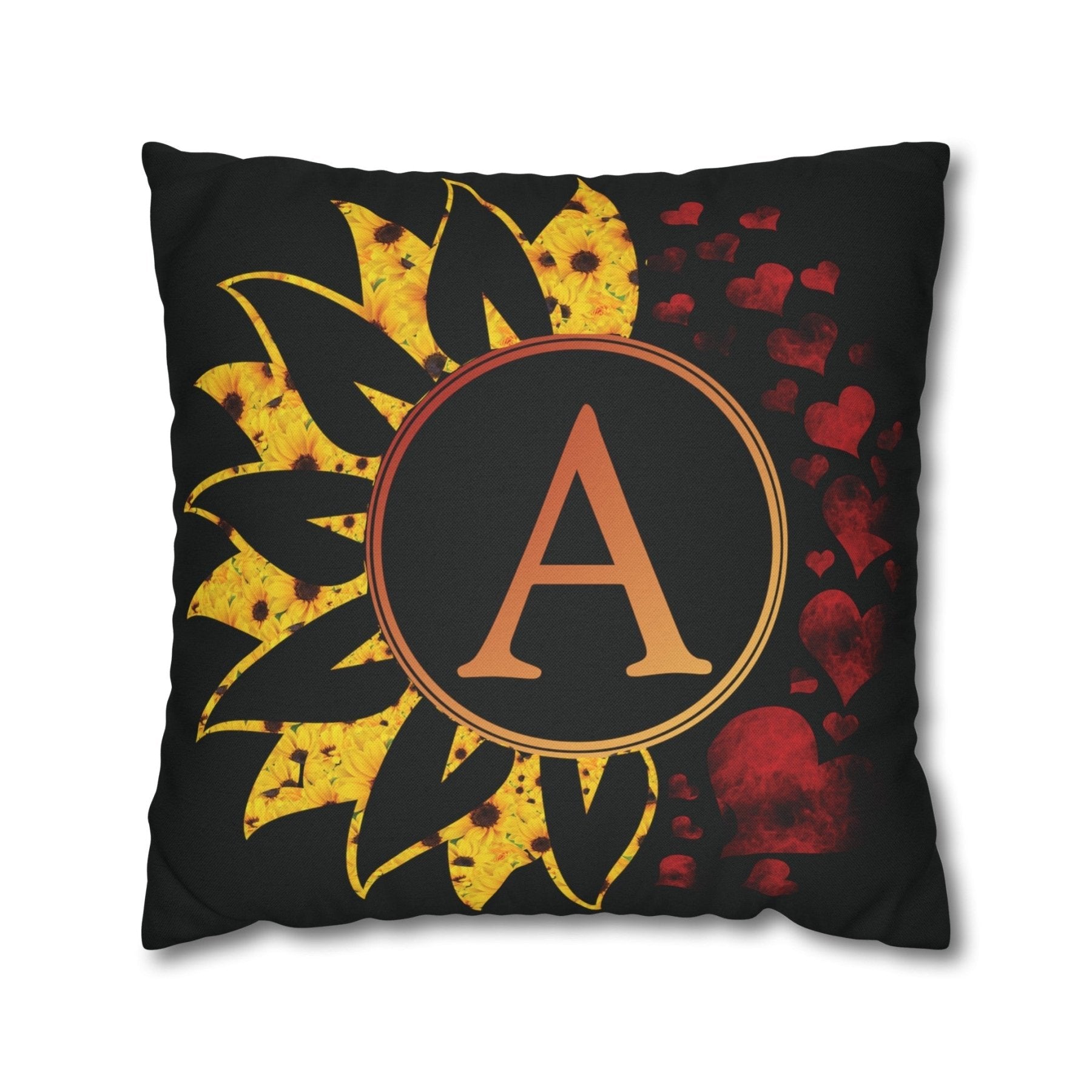 Sunflower & Hearts Monogram Throw Pillow Cover, Throw Pillow Case, Black Case, Qty 1, (Sunflower&Hearts-A) - Janlyn's Crafts